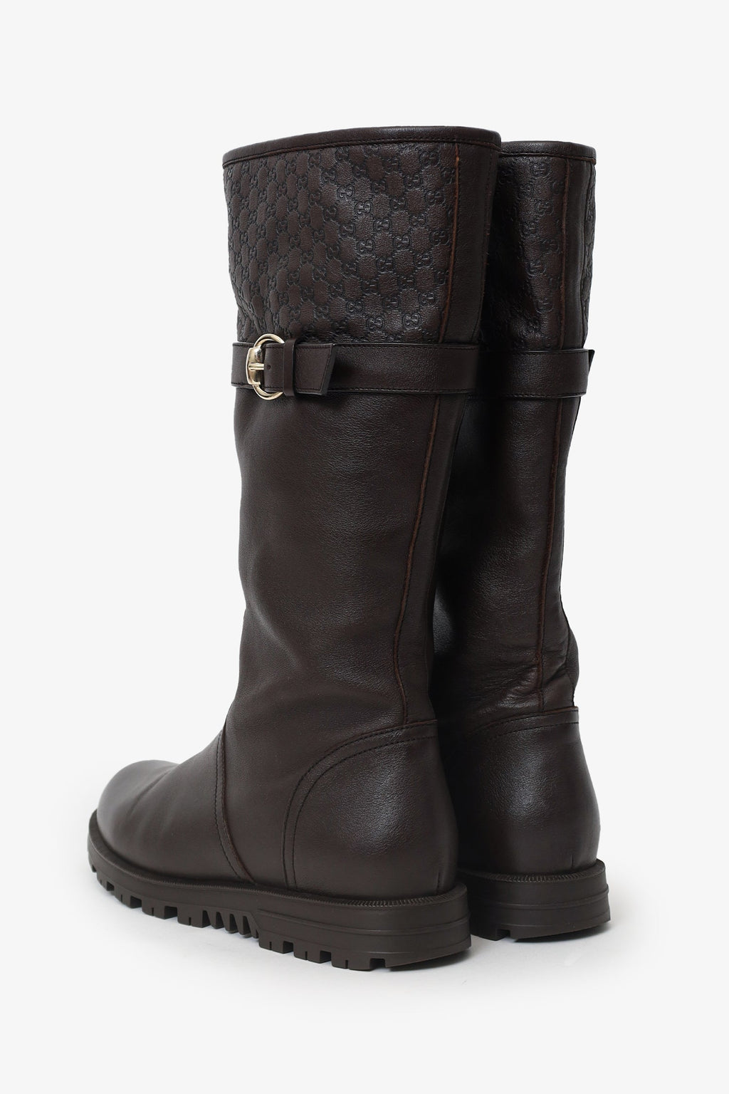 Gucci Brown Leather Monogram Embossed Biker Boots Size 36.5