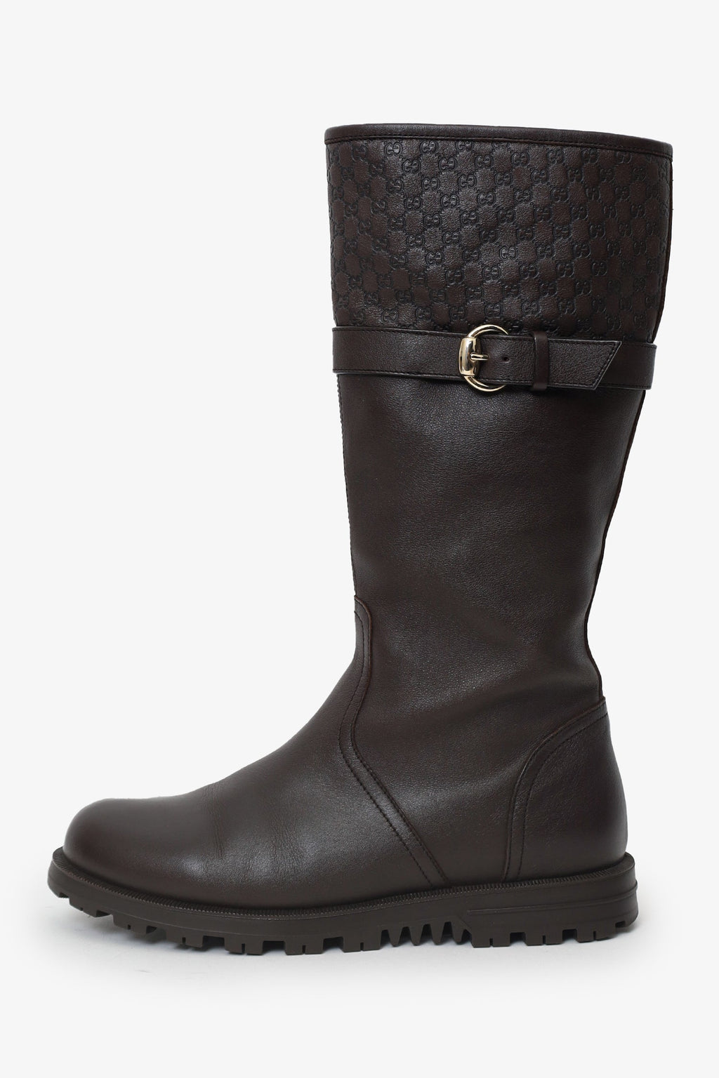 Gucci Brown Leather Monogram Embossed Biker Boots Size 36.5