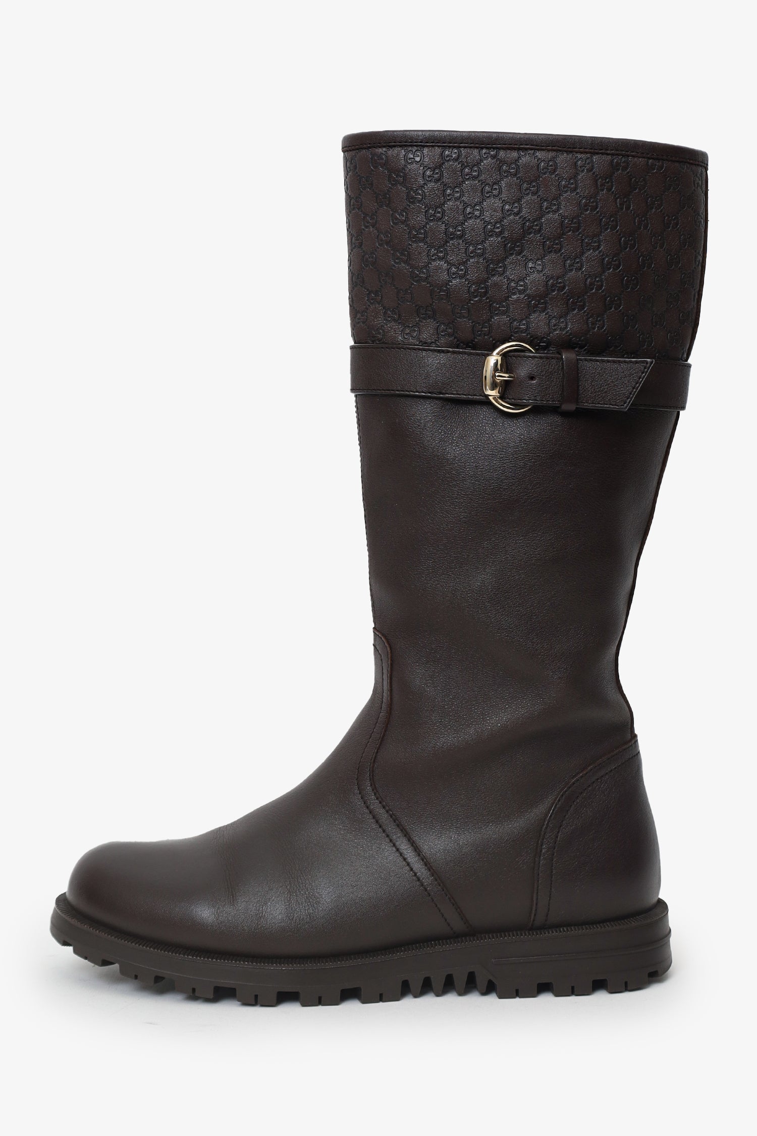 Gucci Brown Leather Monogram Embossed Biker Boots Size 36.5