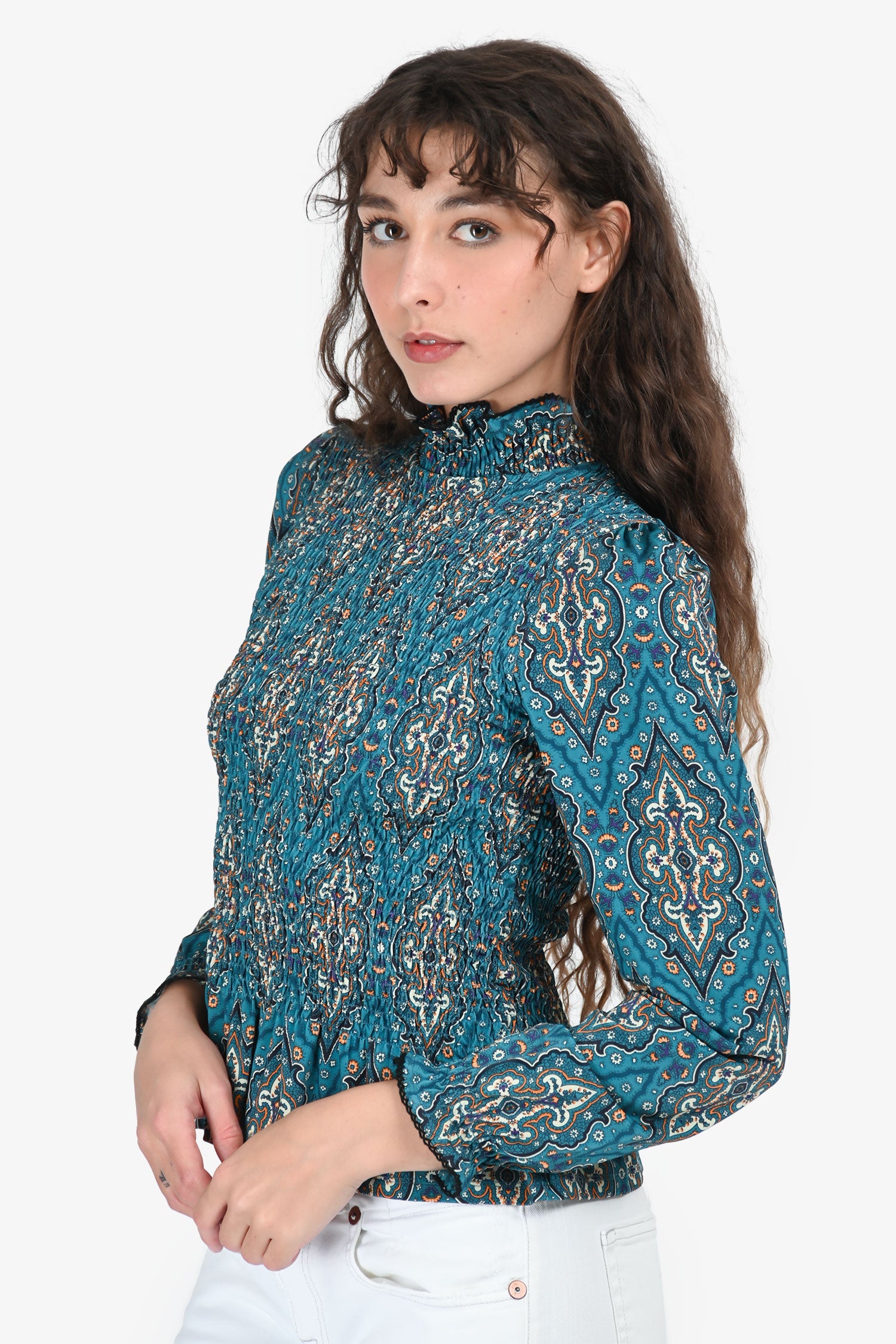 Sandro Blue Paisley Ruched Top Size 0