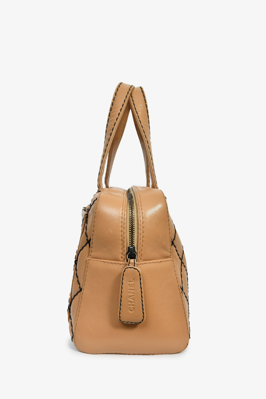 Pre-Loved Chanel™ 2000-2002 Tan Contrast Leather Medium Boston Bag