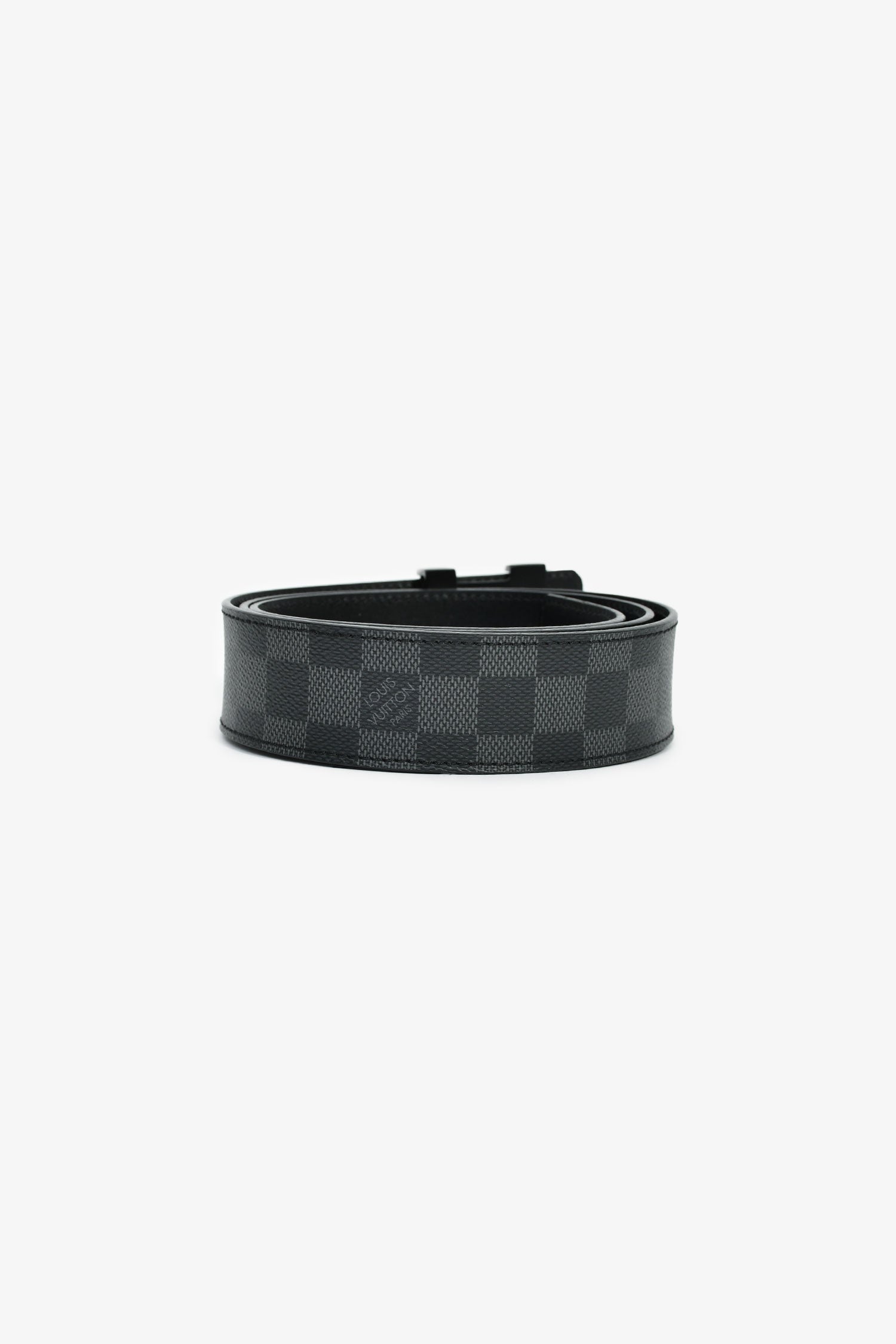 Louis Vuitton 2016 Black Leather Damier Ebene Logo Buckle Belt Size 44