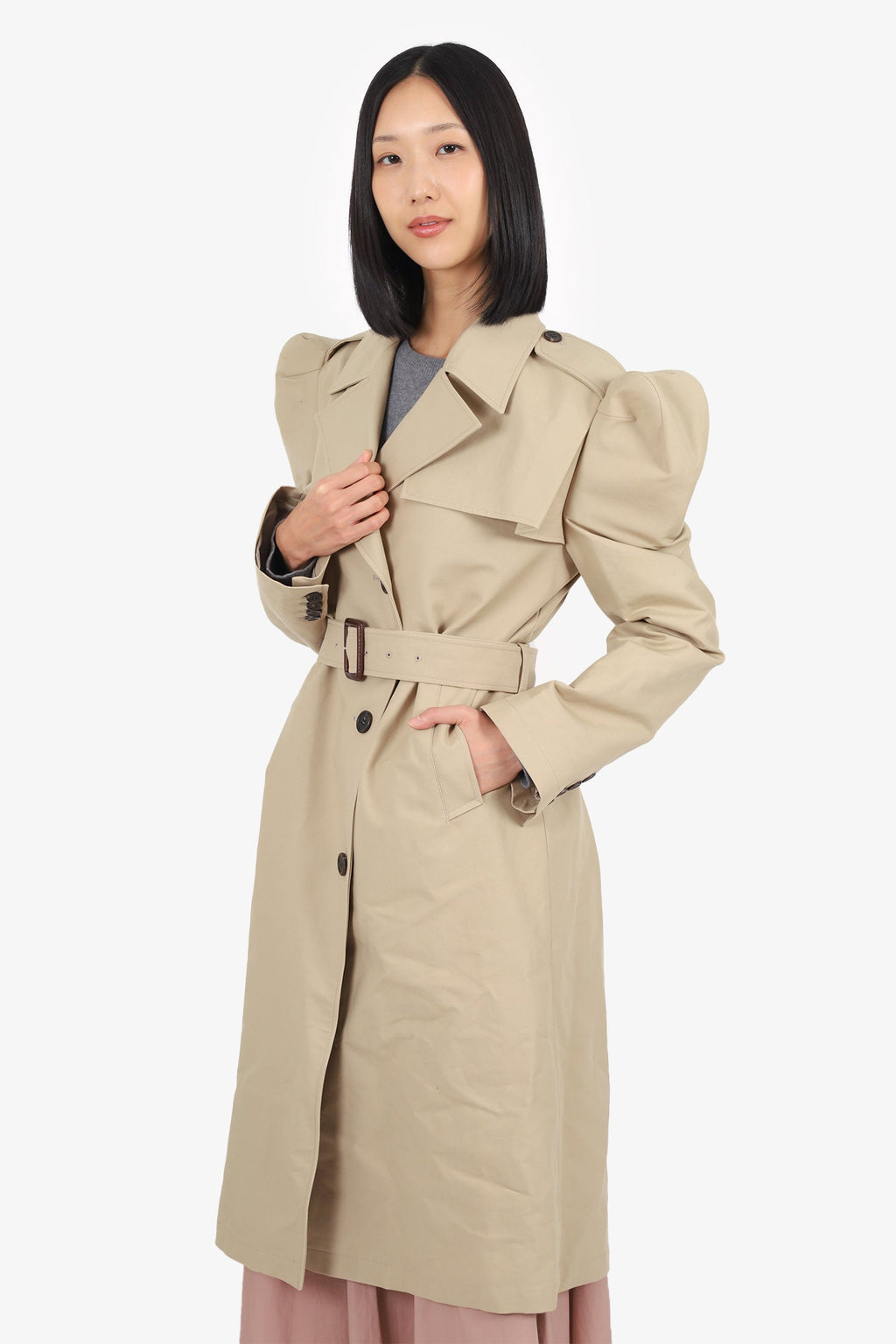 Kimhekim Beige Puff Shoulder Trench Coat Size 38