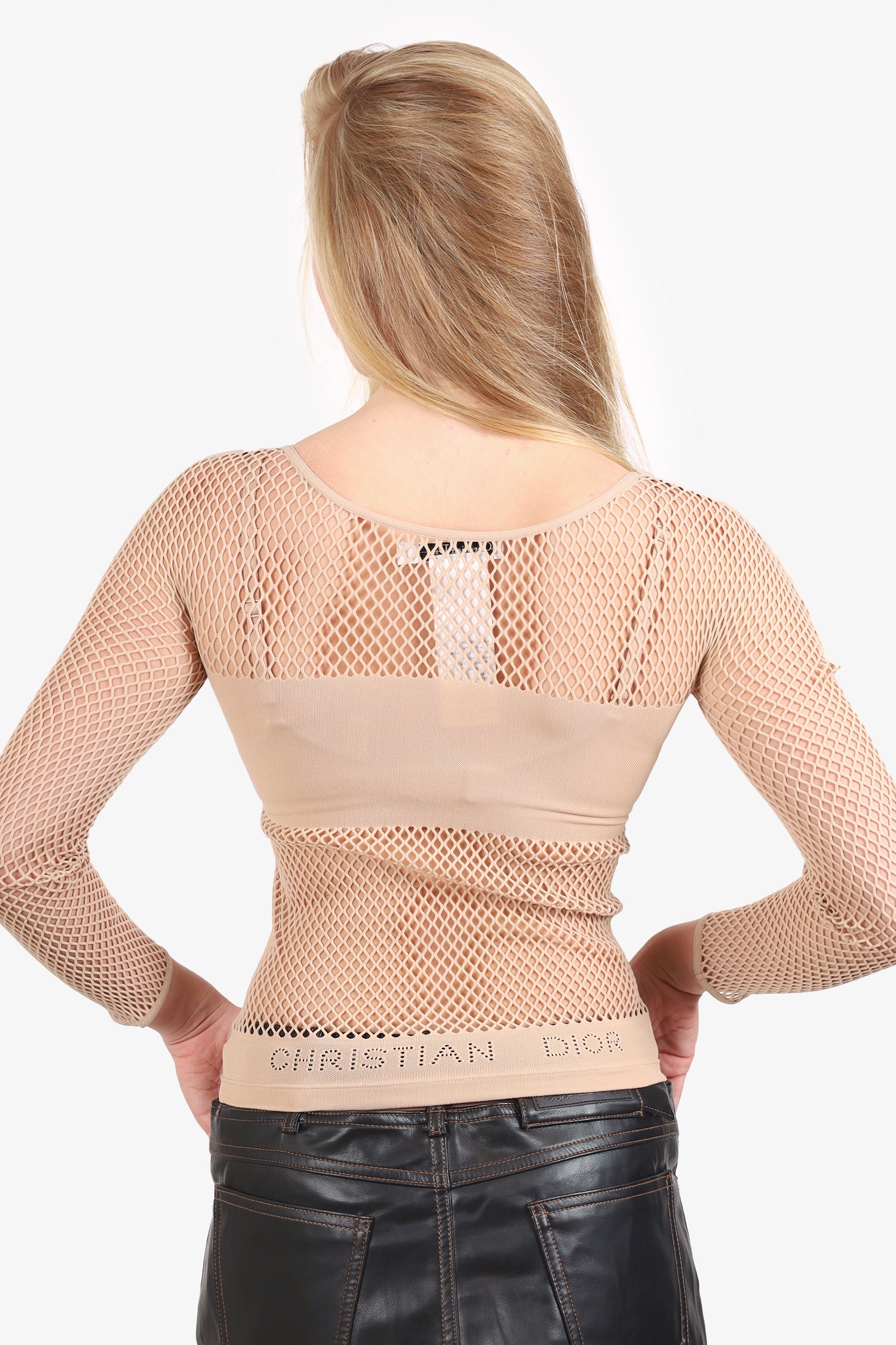 Christian Dior Nude Spandex Fish Net Perforated 'Christian Dior' Long Sleeve Top Size M