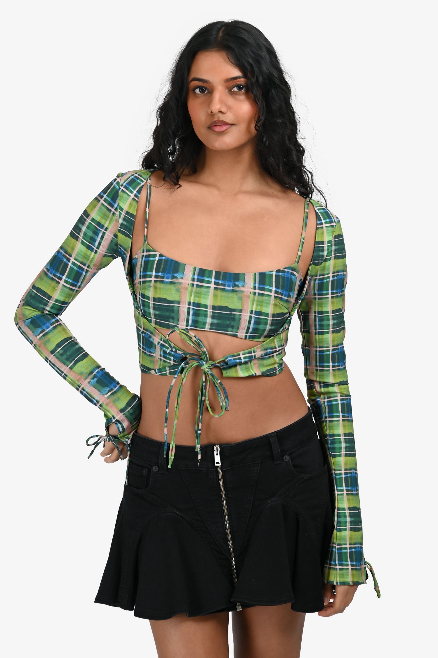 Danielle Guizio Green Check Printed 2-Piece Top Set Size XS