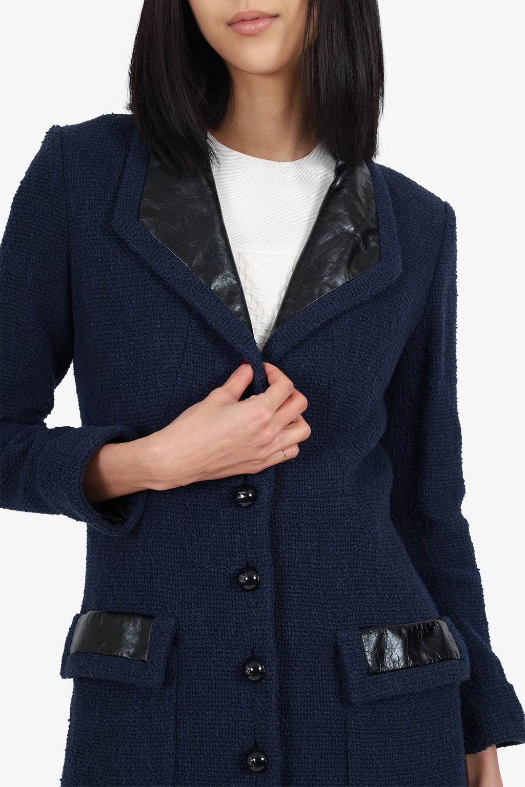 Pre-Loved Chanel™ Navy Tweed/Leather Trim Knee Length Jacket Size 38