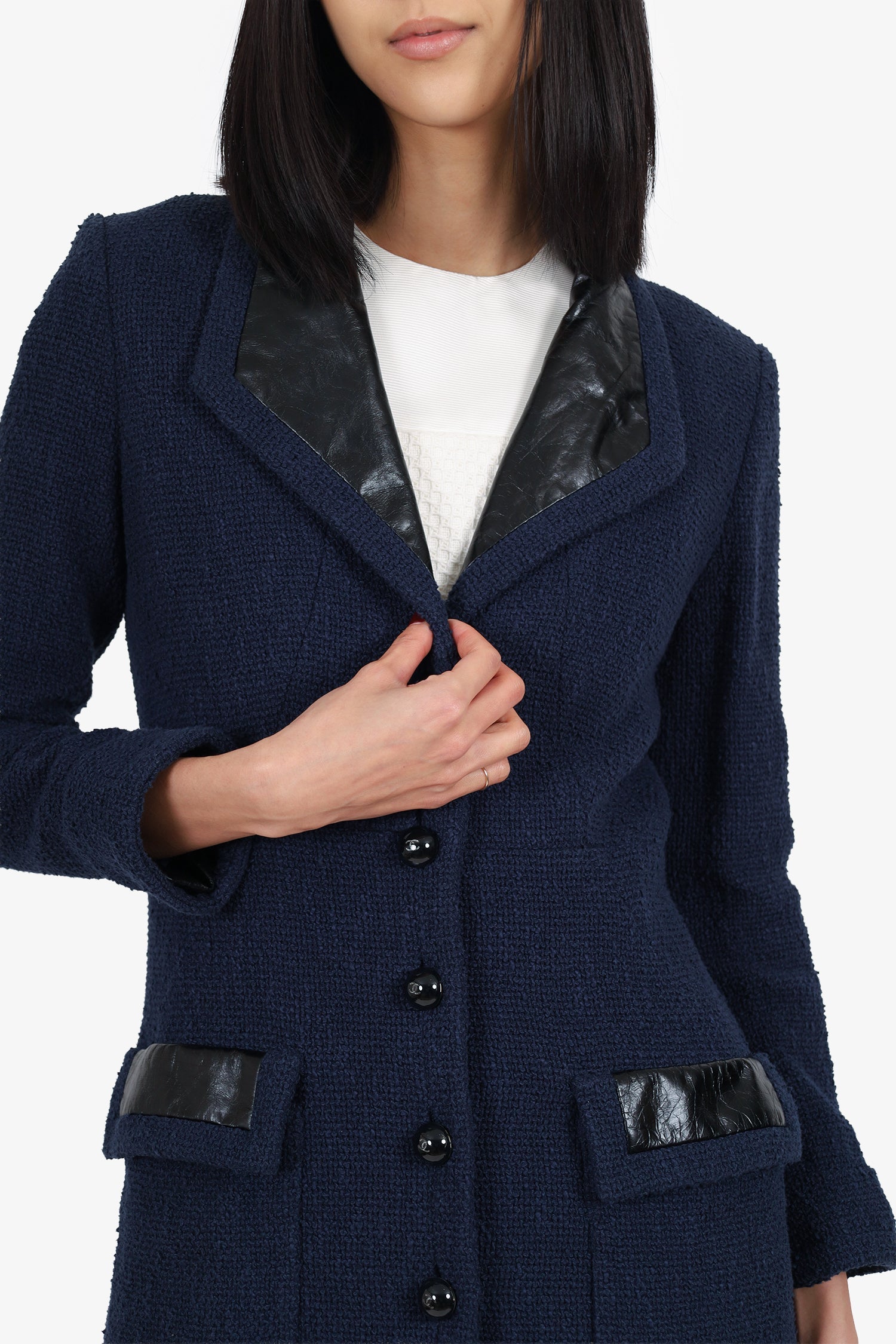 Pre-Loved Chanel™ Navy Tweed/Leather Trim Knee Length Jacket Size 38