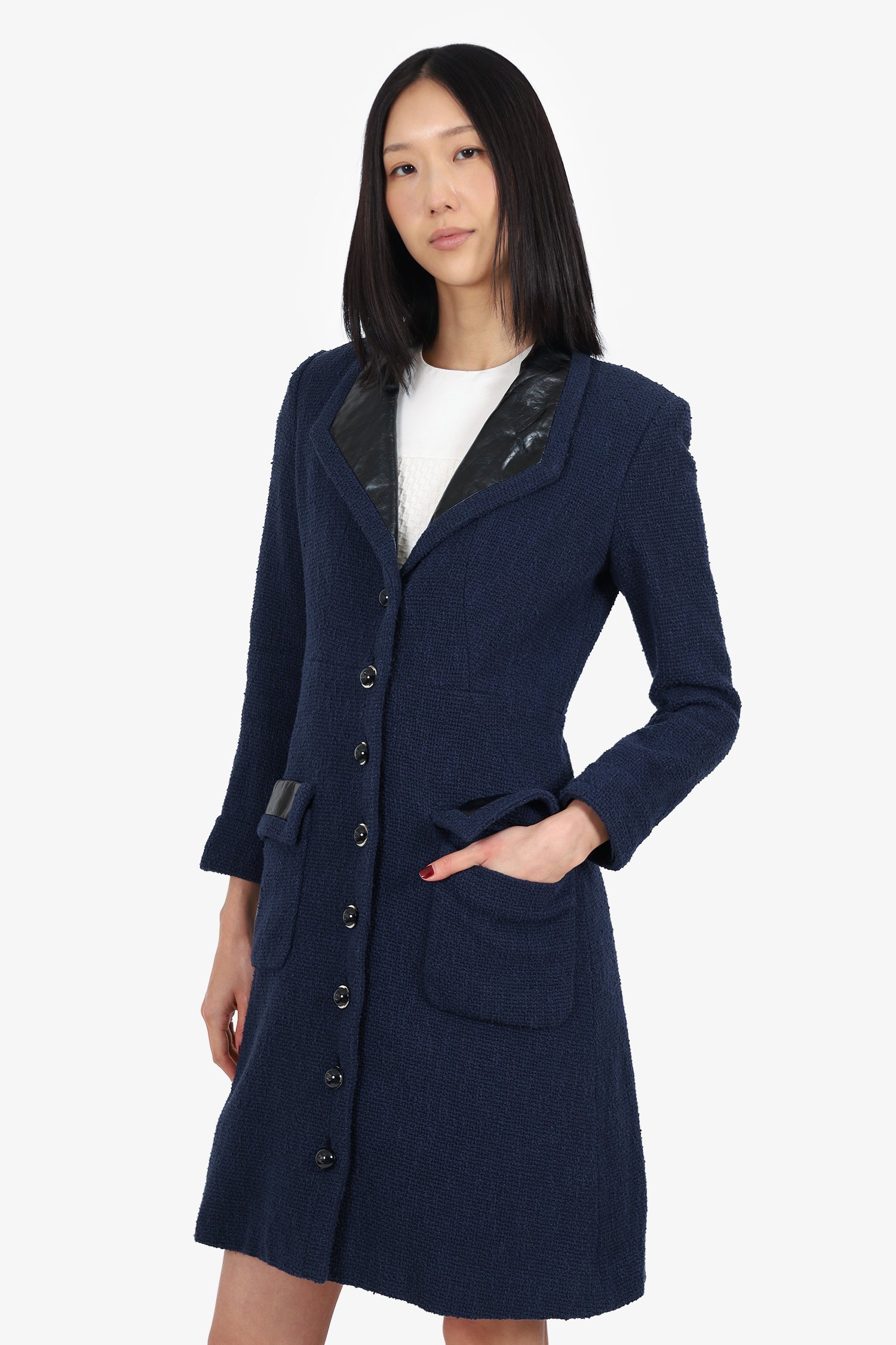 Pre-Loved Chanel™ Navy Tweed/Leather Trim Knee Length Jacket Size 38
