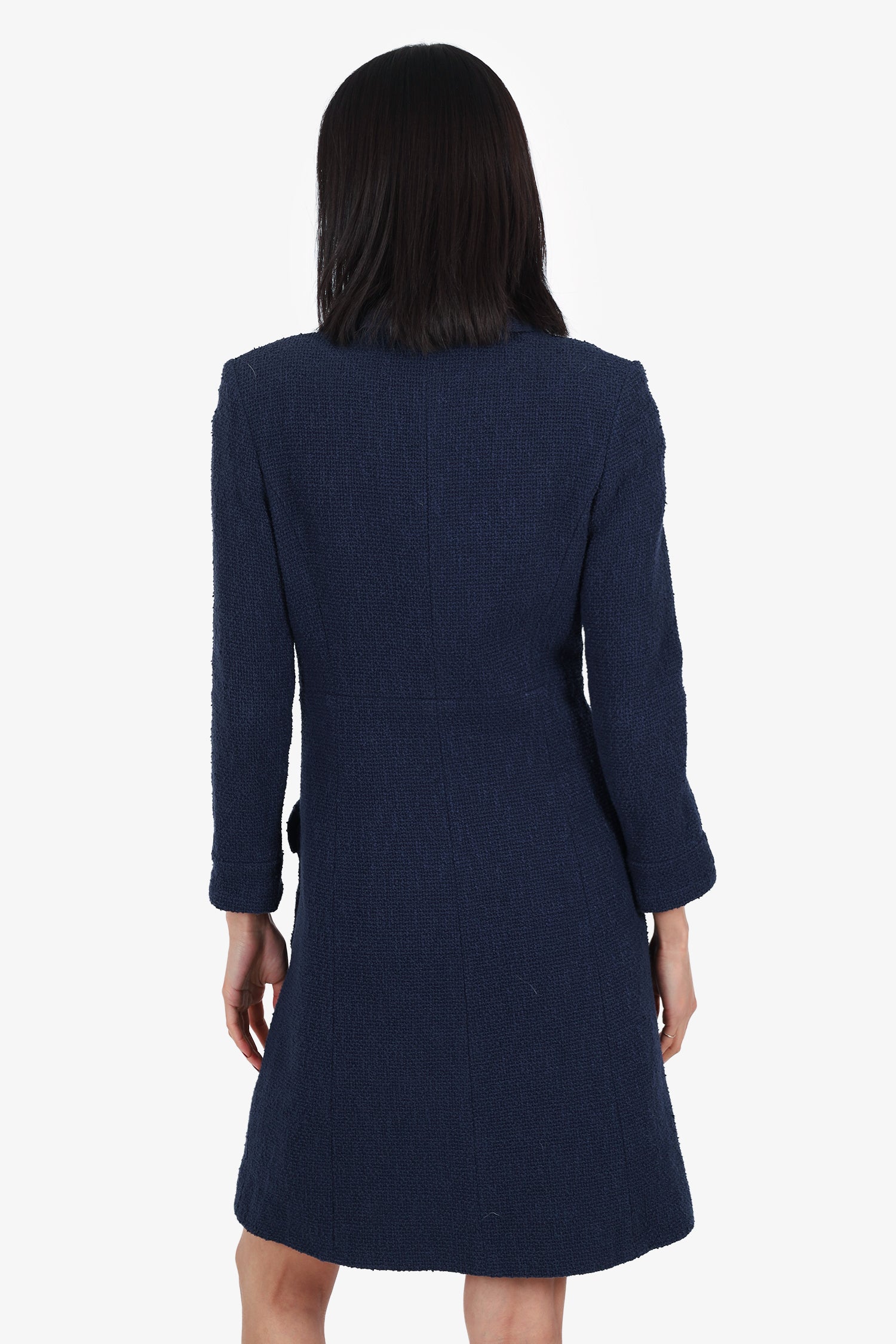 Pre-Loved Chanel™ Navy Tweed/Leather Trim Knee Length Jacket Size 38