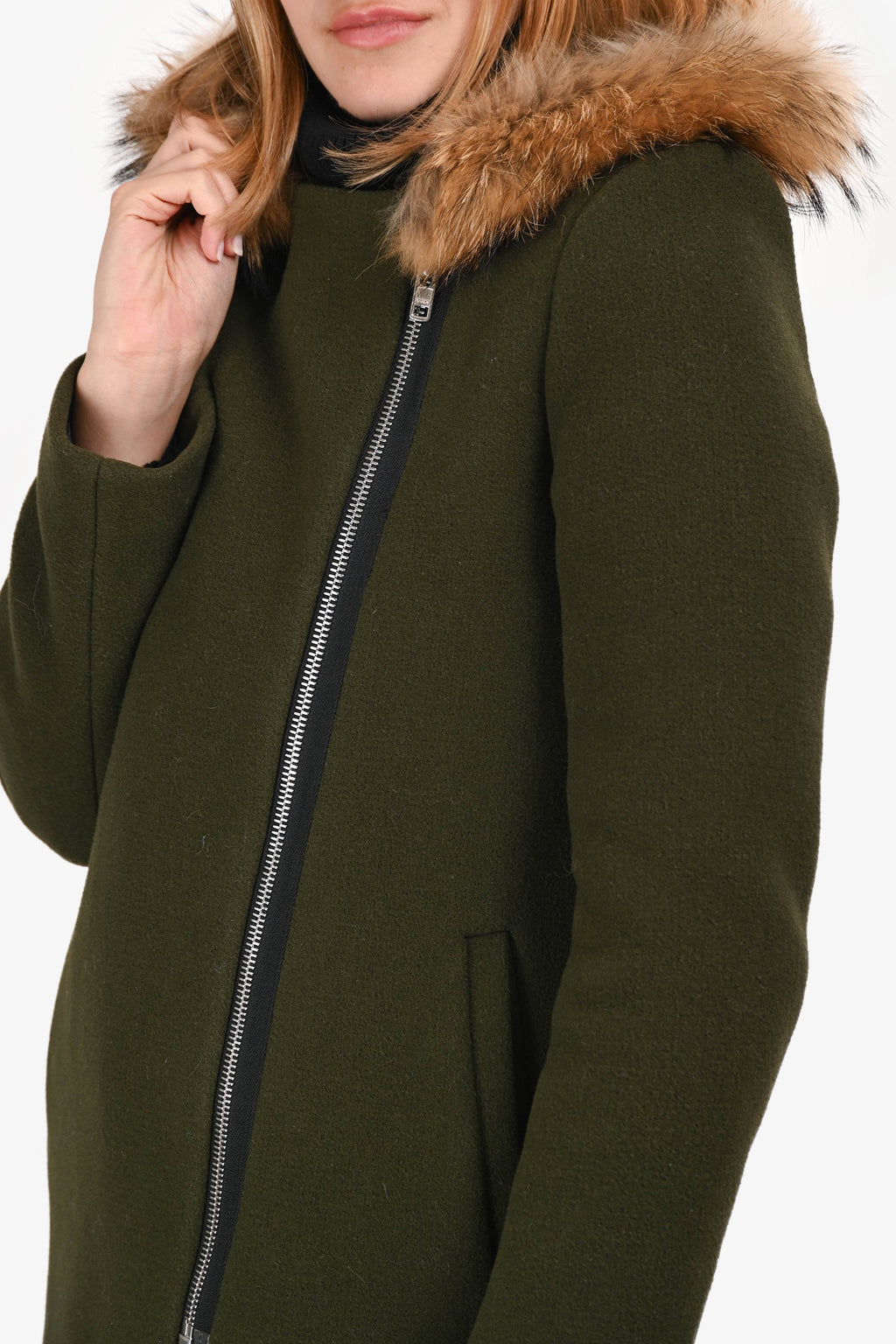 Sandro Green Wool/ Racoon Fur Hood Midi Coat Size 36