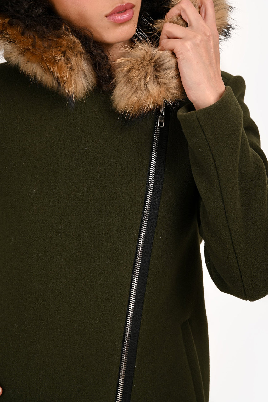 Sandro Green Wool/ Racoon Fur Hood Midi Coat Size 36