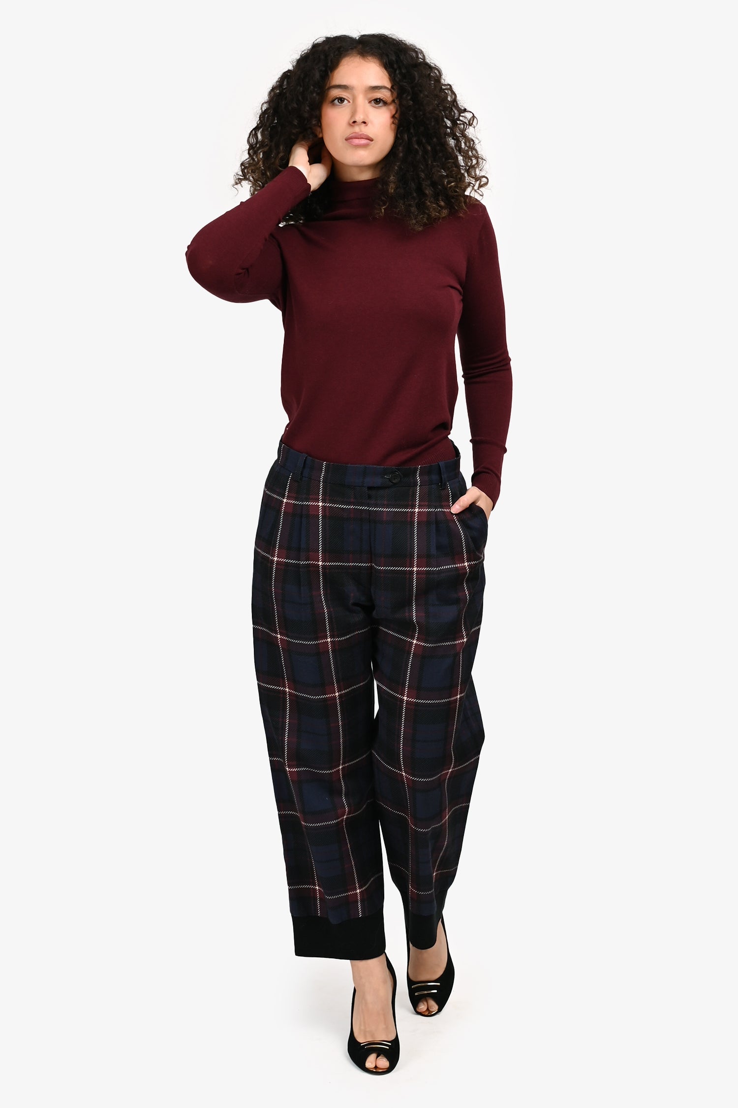Dries Van Noten Navy Plaid Cotton Wide Leg Size 38