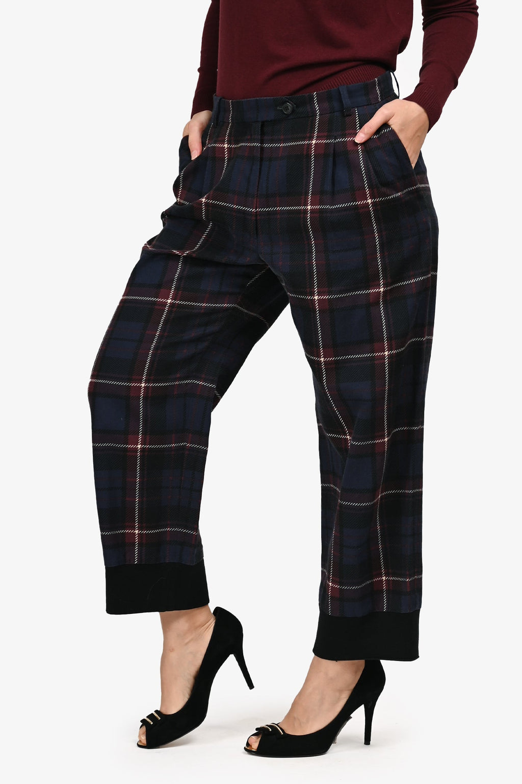 Dries Van Noten Navy Plaid Cotton Wide Leg Size 38