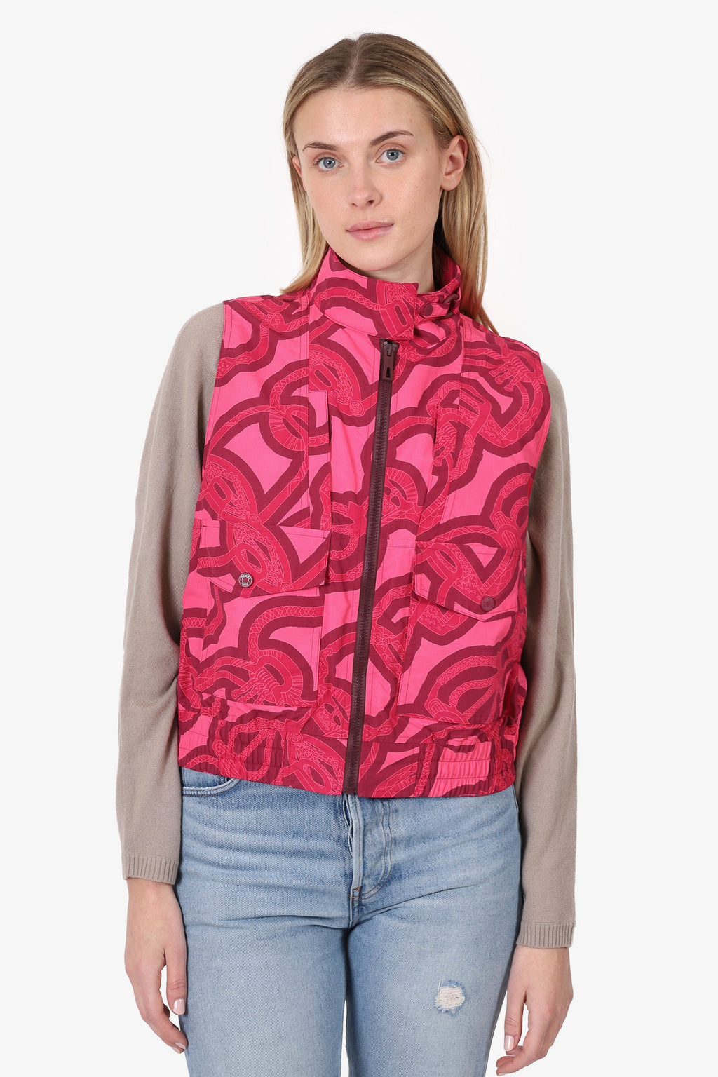 Hermès Pink Printed Nylon Zip Up Vest Size 38