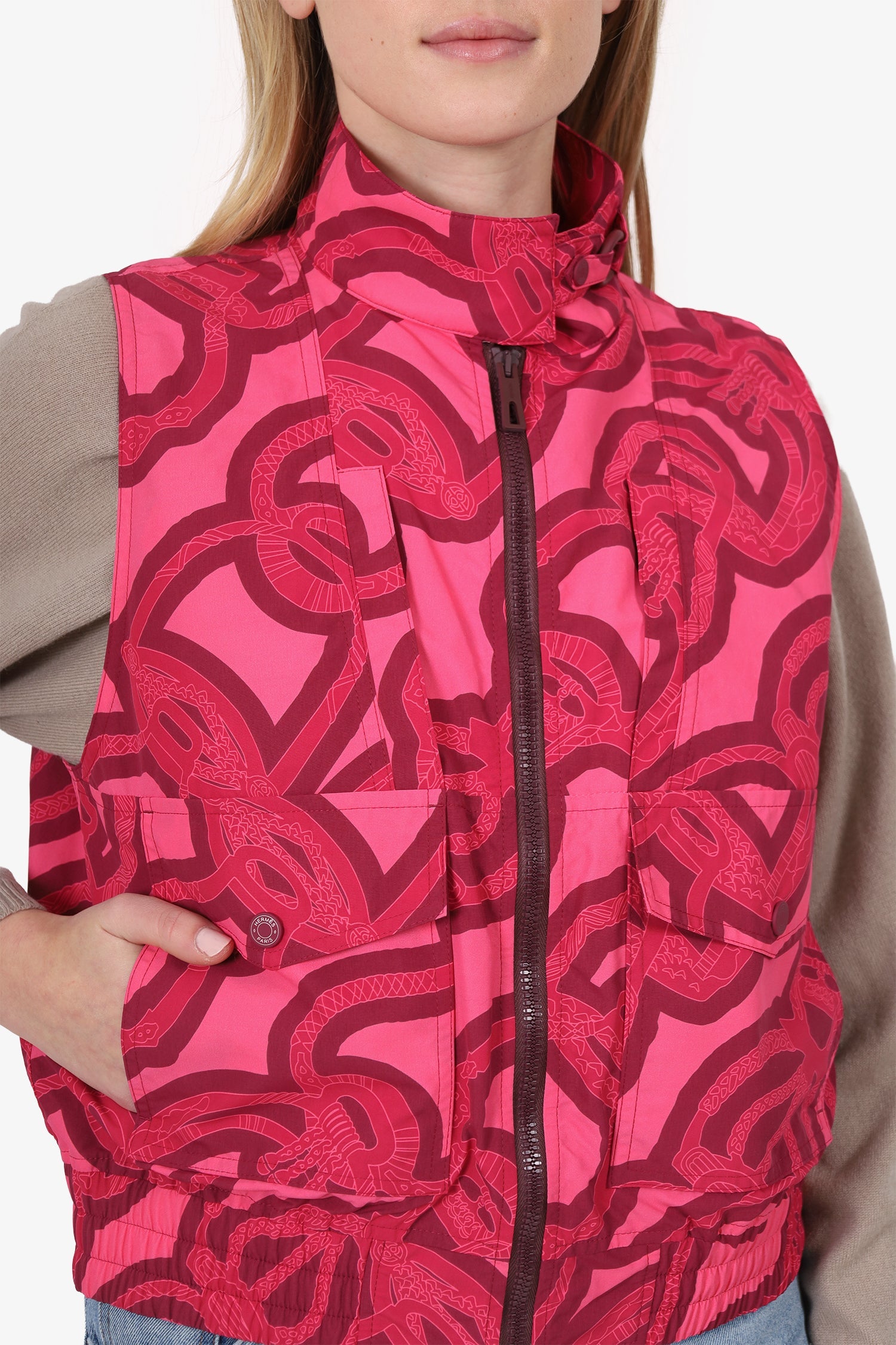 Hermès Pink Printed Nylon Zip Up Vest Size 38