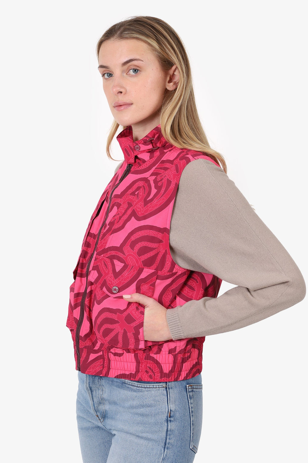 Hermès Pink Printed Nylon Zip Up Vest Size 38