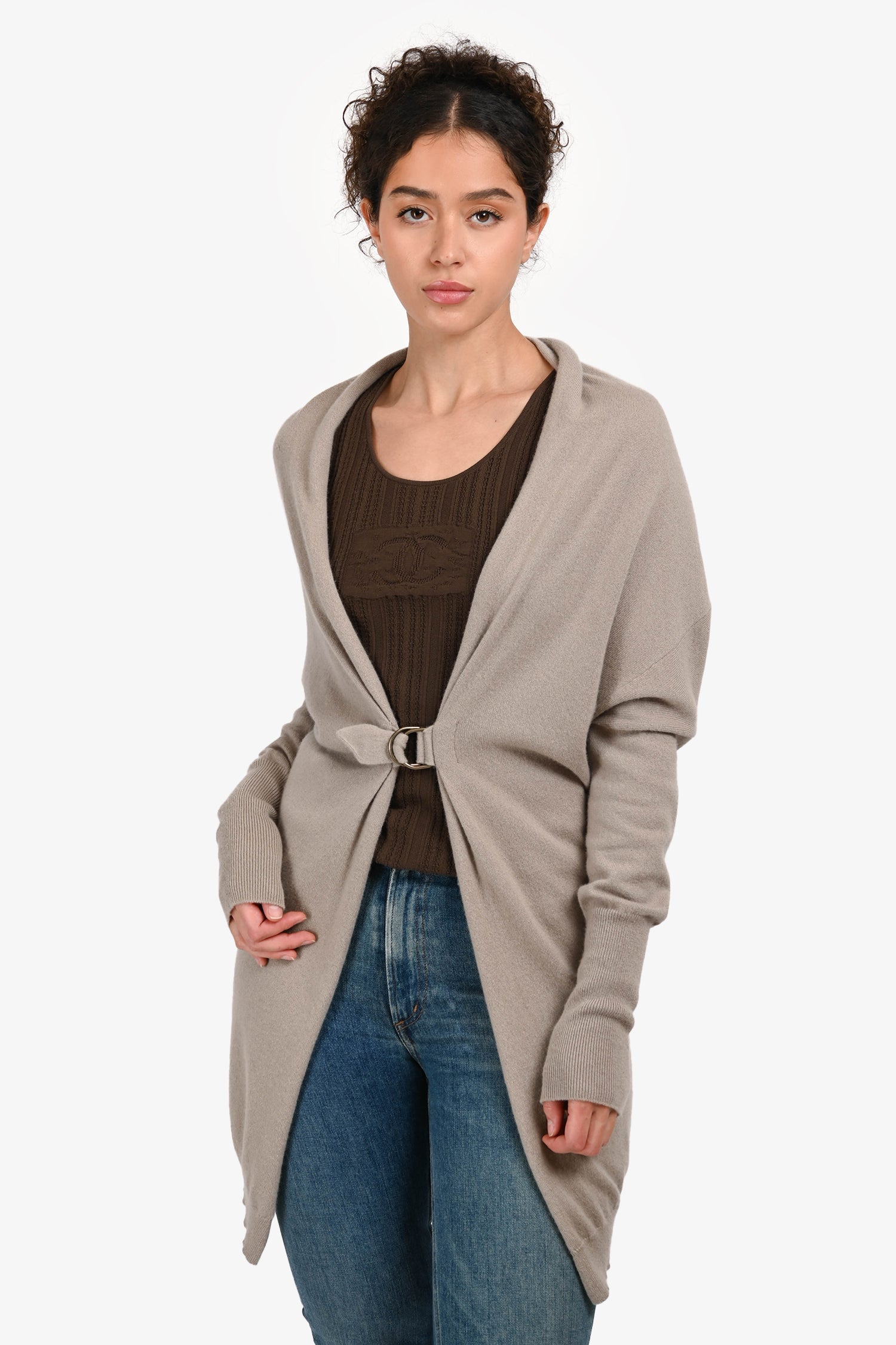 Brunello Cucinelli Taupe Cashmere Buckled Front Detail igan Size M