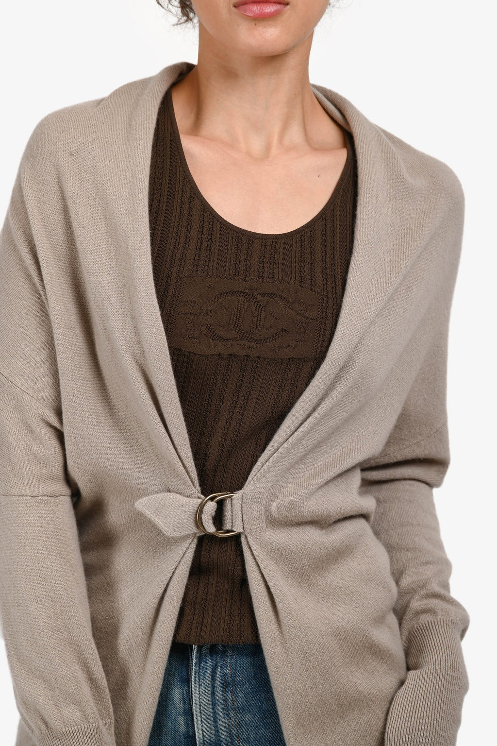 Brunello Cucinelli Taupe Cashmere Buckled Front Detail igan Size M