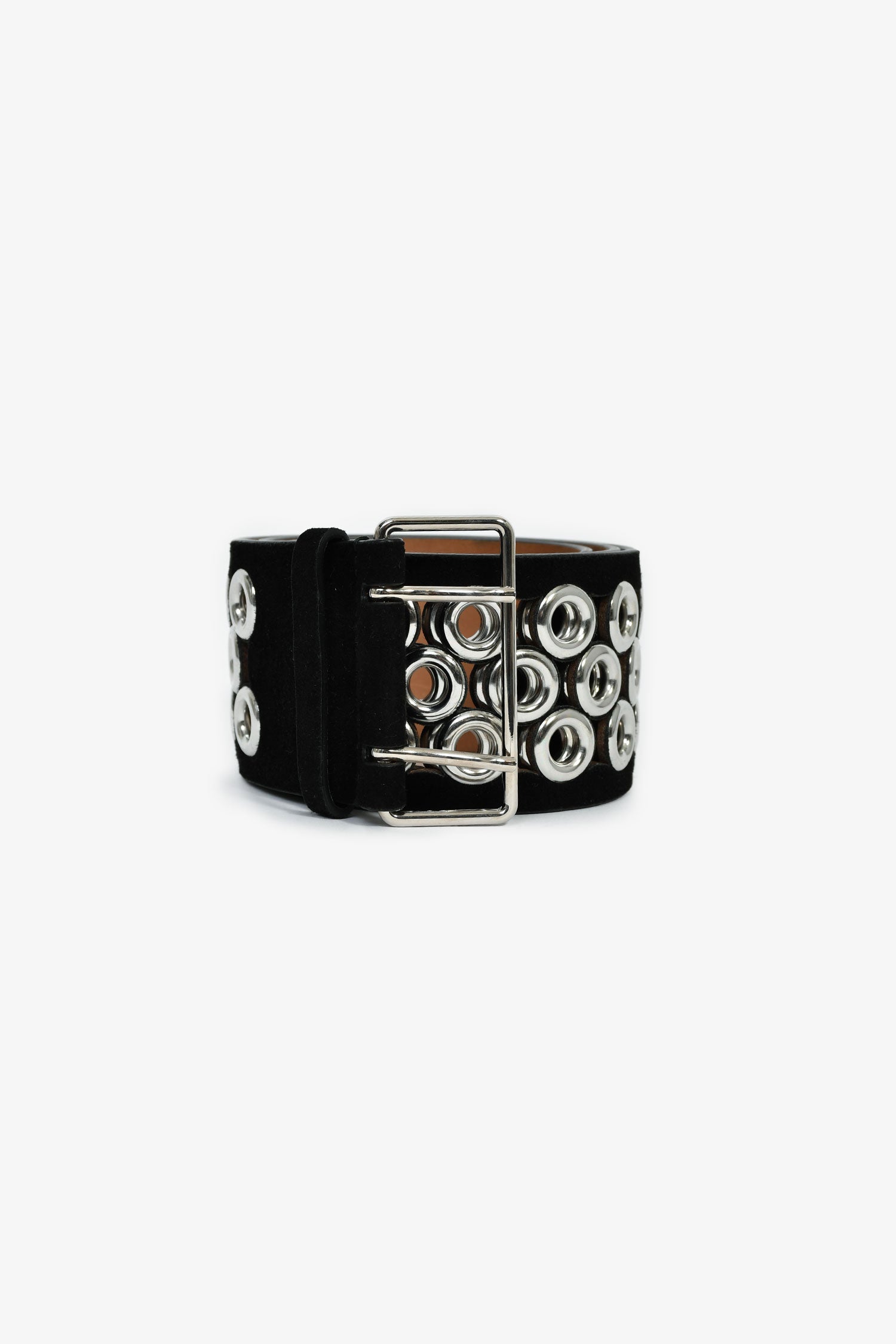 Alaïa Black Suede Leather Wide Silver Grommet Belt Size 80