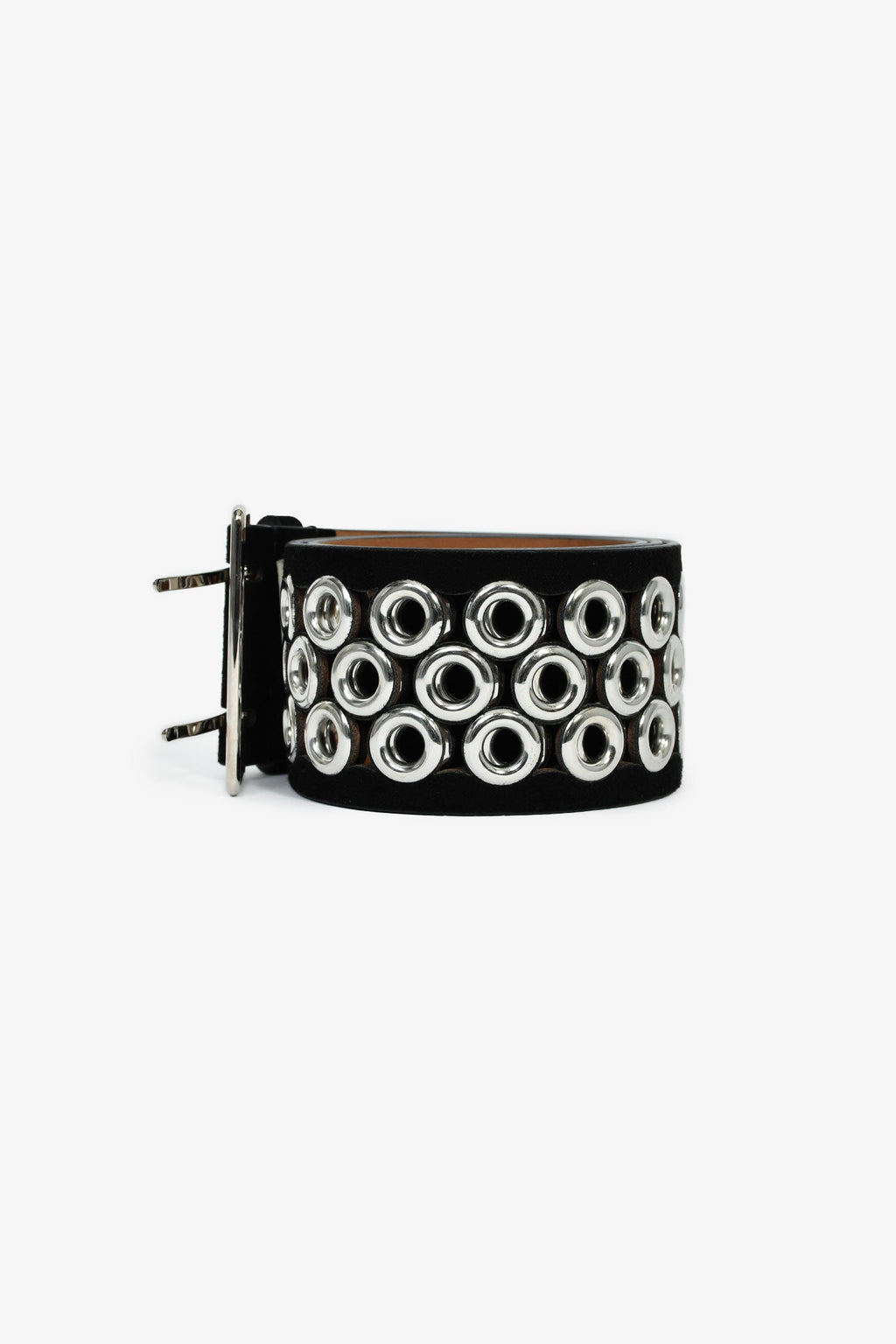 Alaïa Black Suede Leather Wide Silver Grommet Belt Size 80