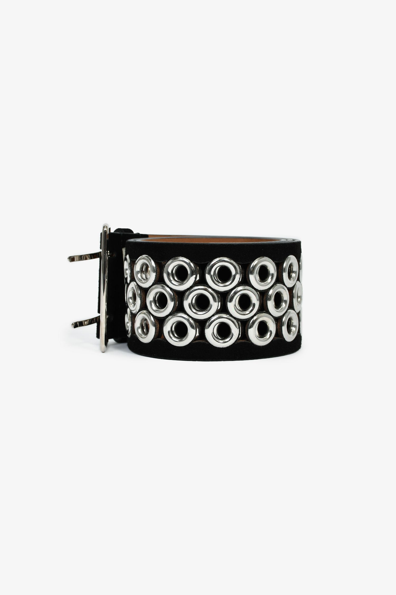 Alaïa Black Suede Leather Wide Silver Grommet Belt Size 80