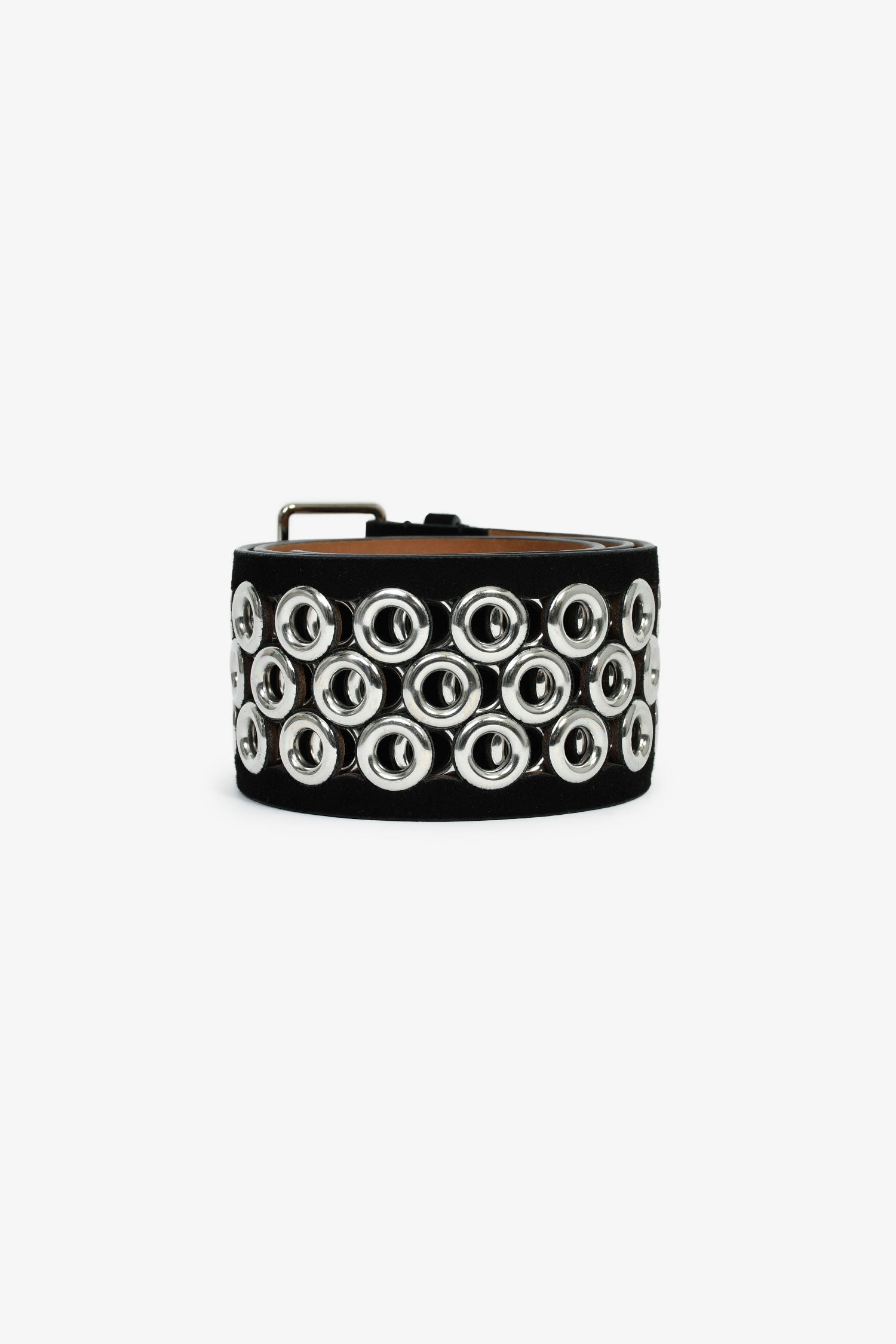Alaïa Black Suede Leather Wide Silver Grommet Belt Size 80