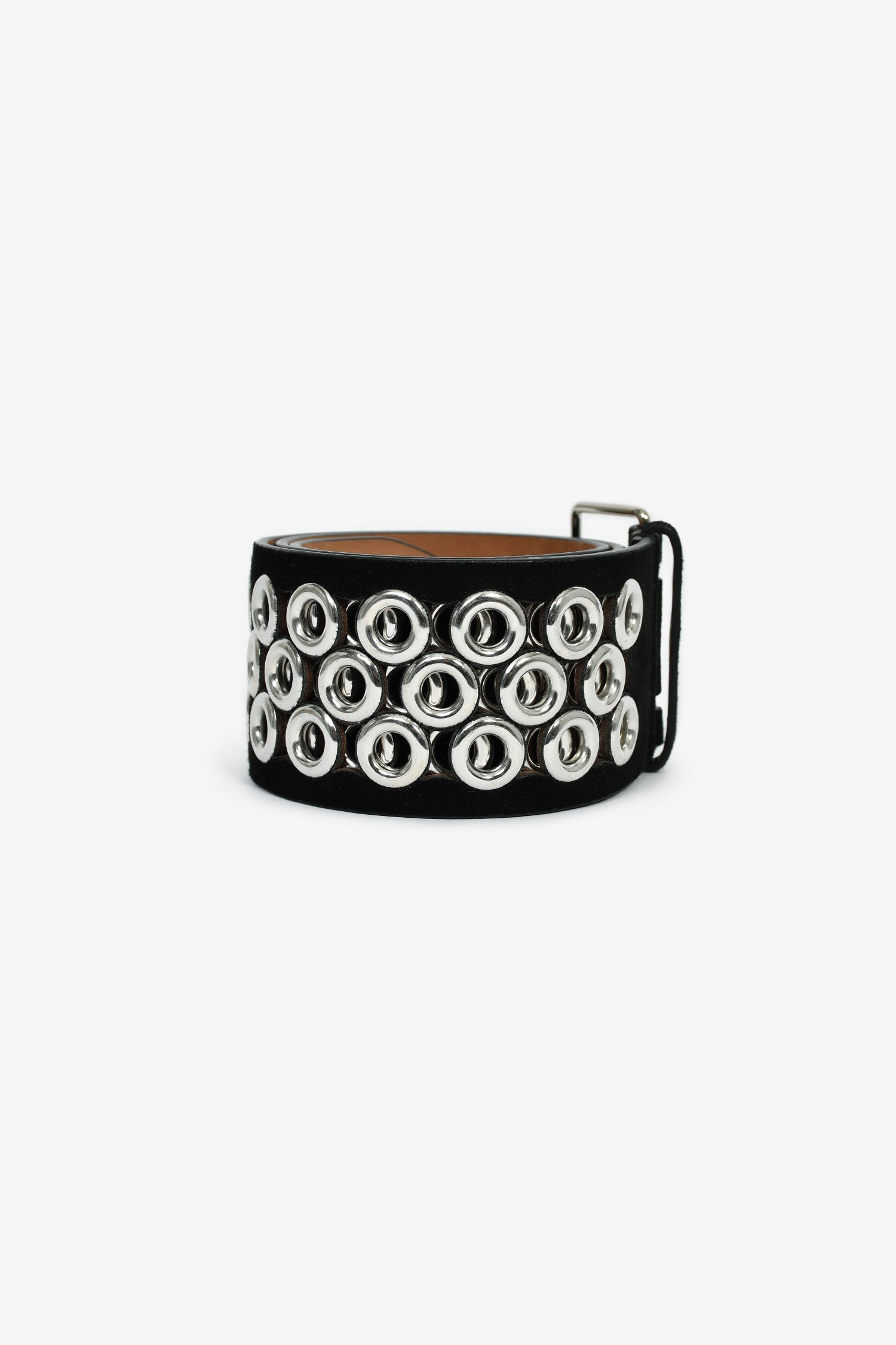 Alaïa Black Suede Leather Wide Silver Grommet Belt Size 80