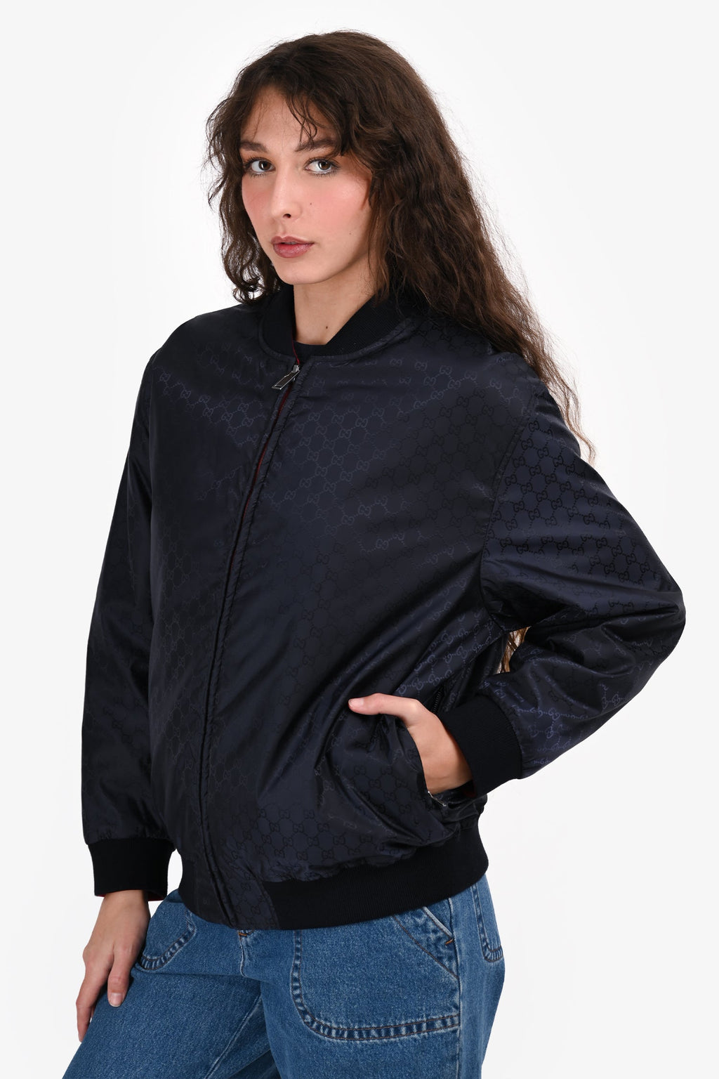 Gucci Blue/Red Nylon Logo Reversible Bomber Jacket Size 48 Mens