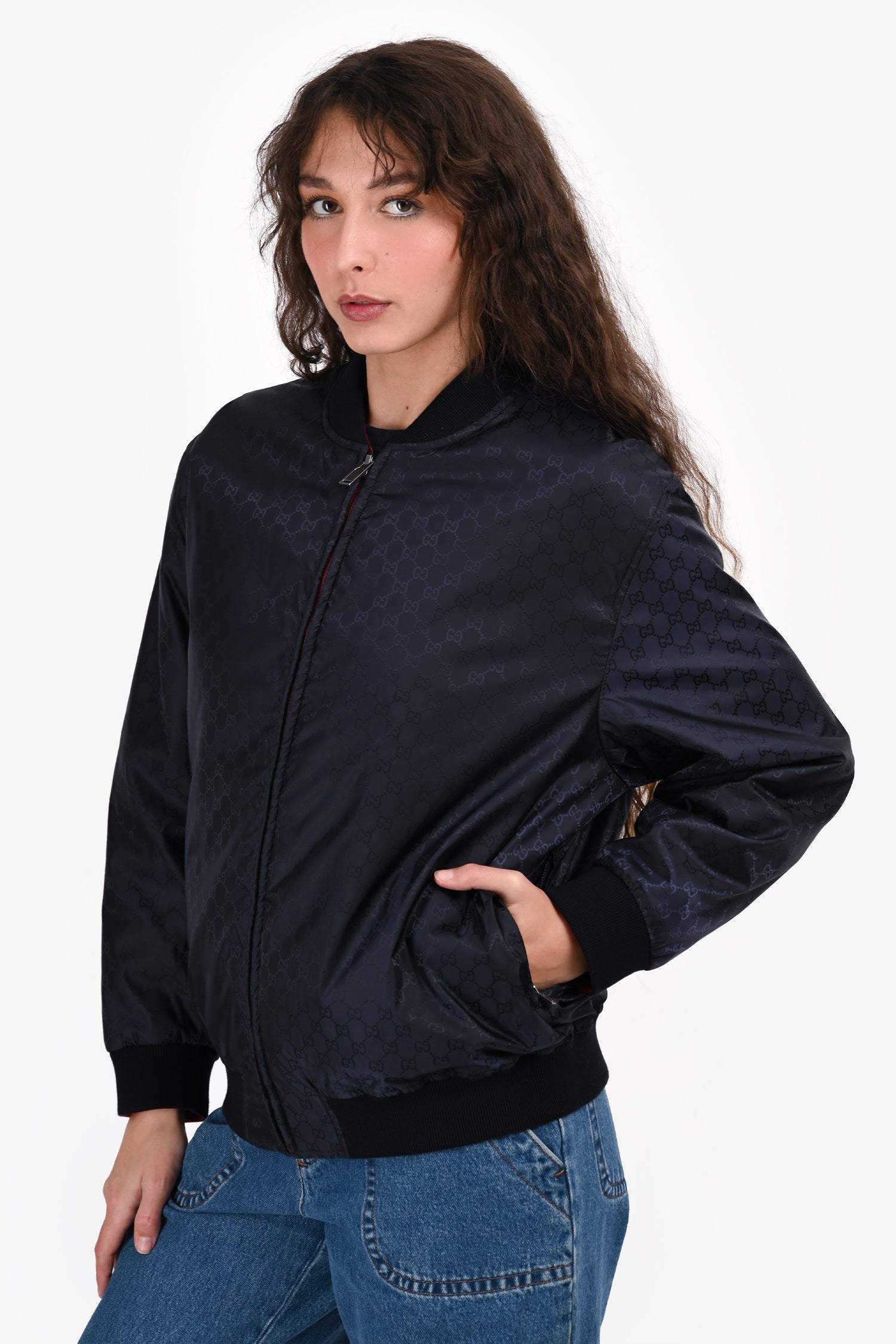 Gucci Blue/Red Nylon Logo Reversible Bomber Jacket Size 48 Mens