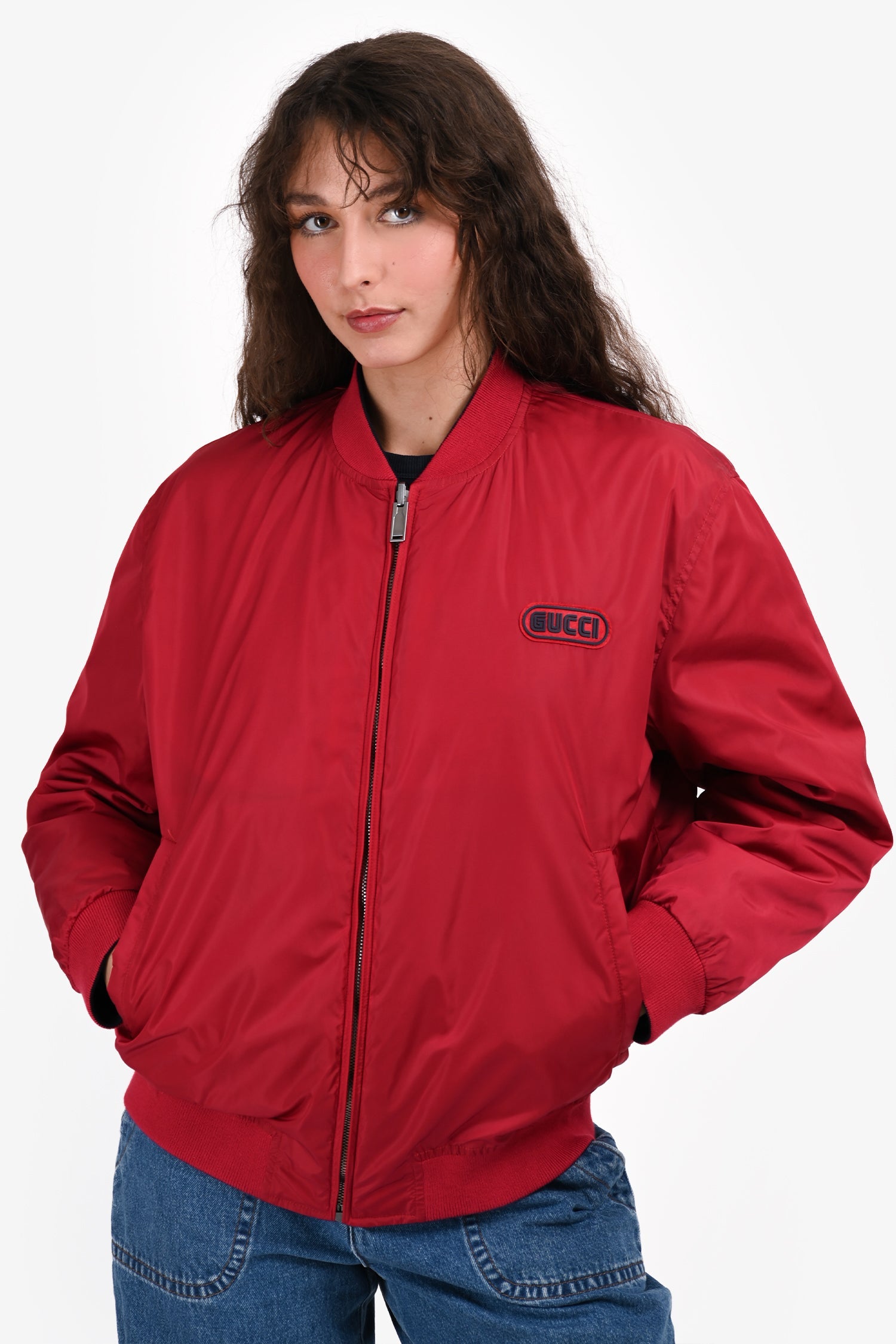 Gucci Blue/Red Nylon Logo Reversible Bomber Jacket Size 48 Mens
