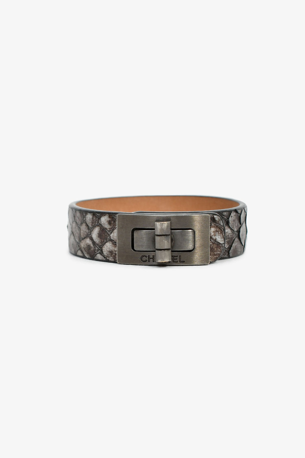 Pre-Loved Chanel™ 2010 Silver Metallic Python Leather Mademoiselle Turnlock Bracelet