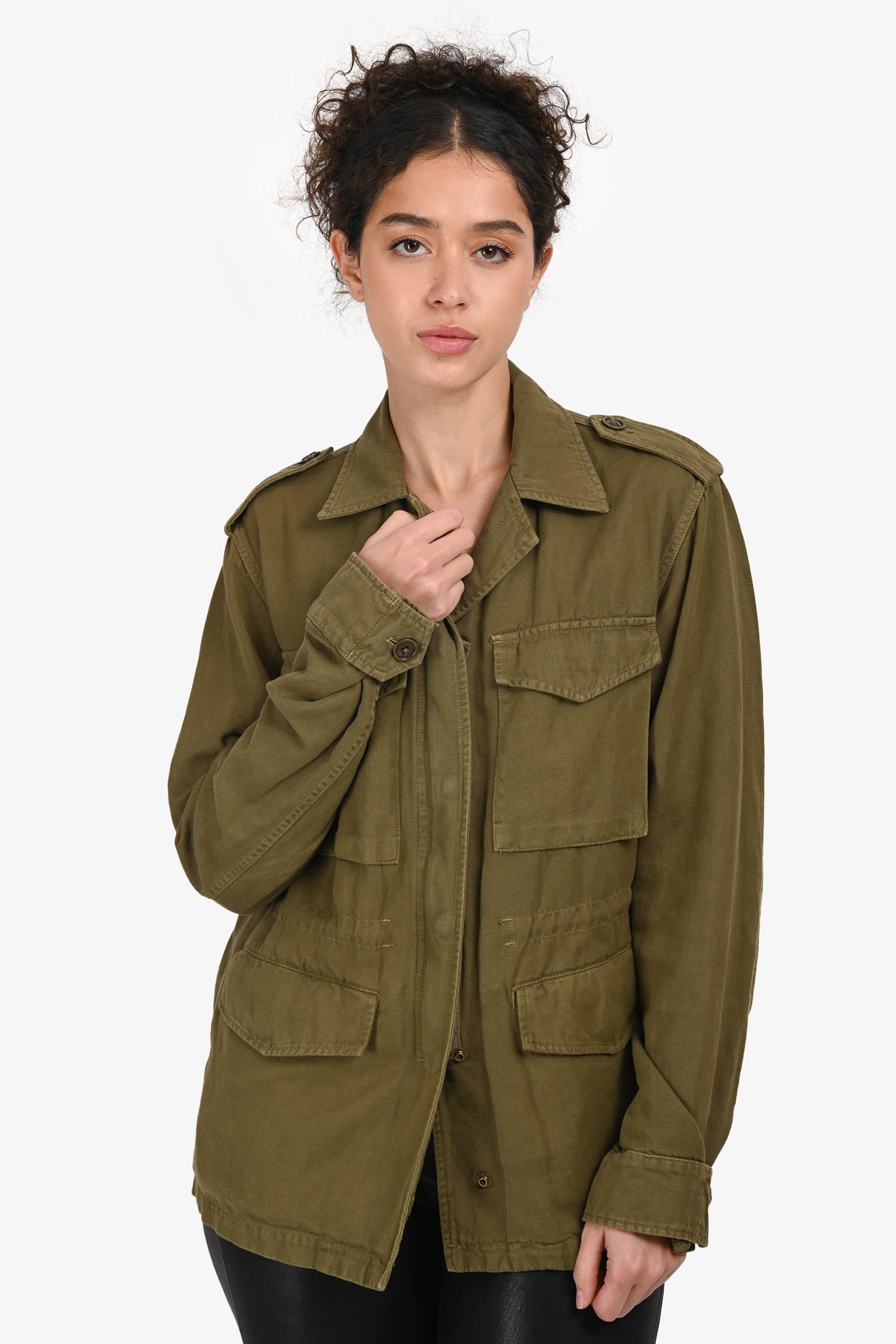 Nili Lotan Green Cotton Utility Cinch Waist Jacket Size S