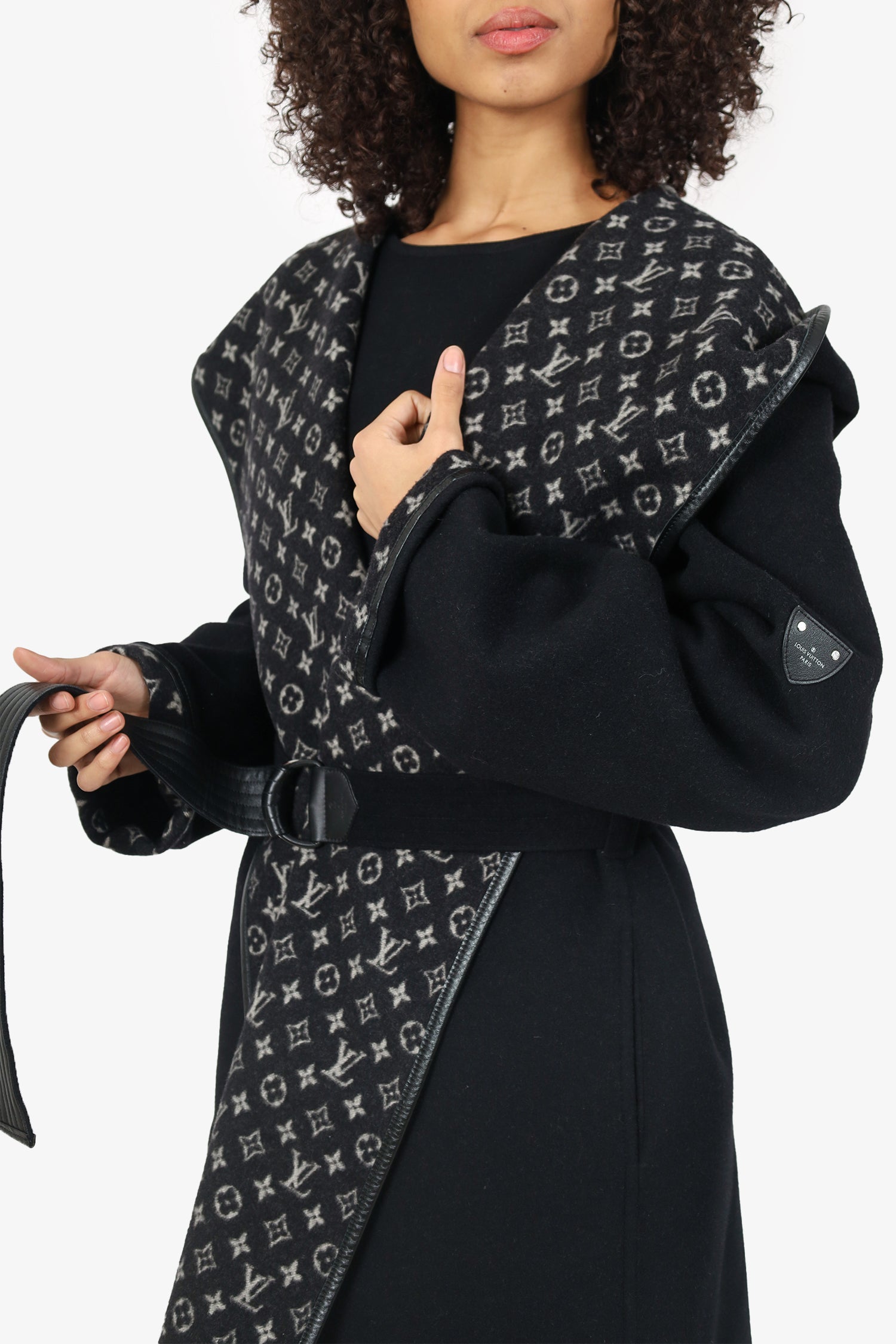 Louis Vuitton Black Wool Monogram Hooded Wrap Coat Size 44