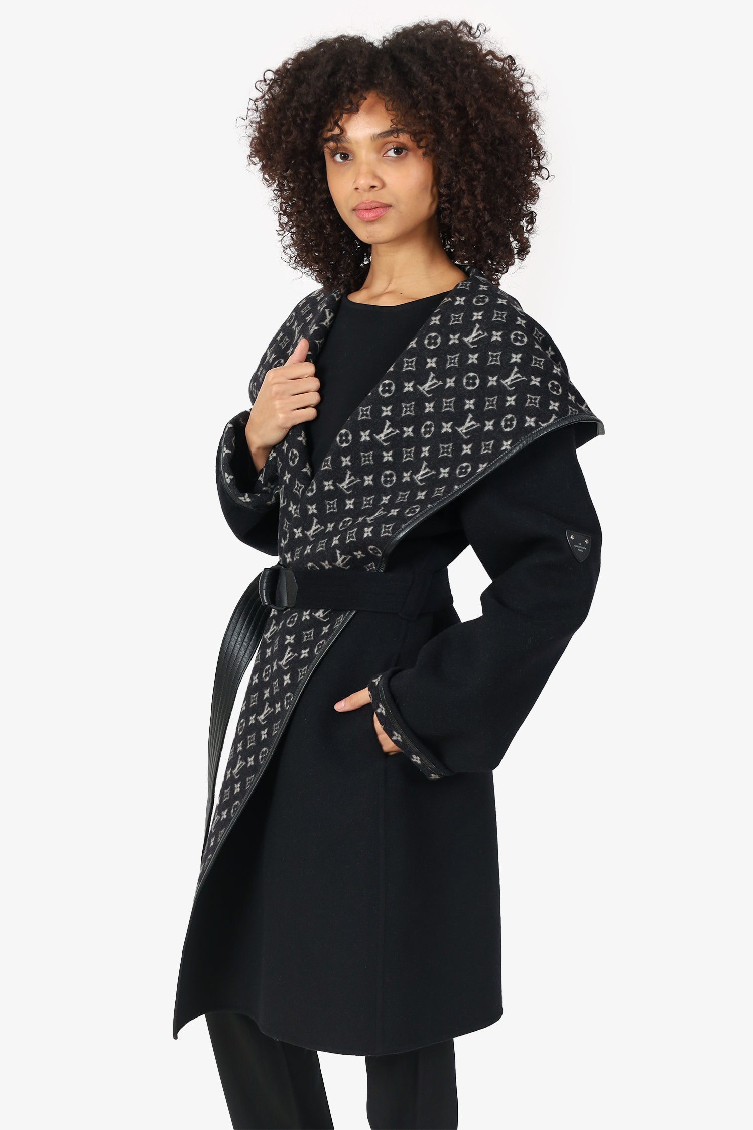 Louis Vuitton Black Wool Monogram Hooded Wrap Coat Size 44