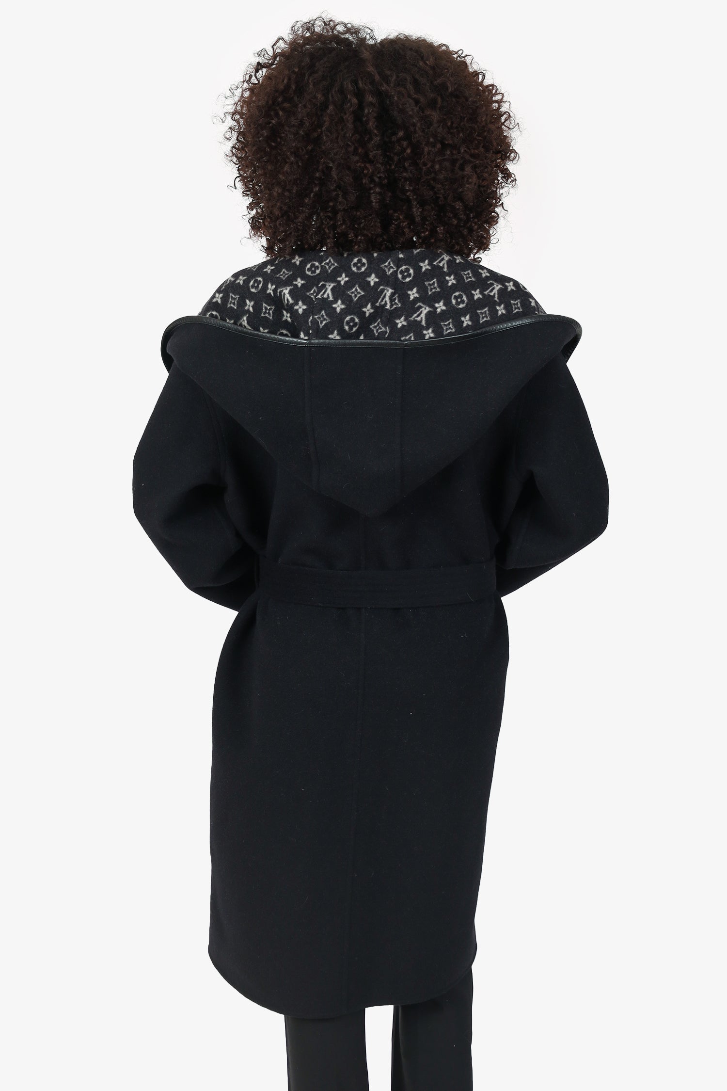 Louis Vuitton Black Wool Monogram Hooded Wrap Coat Size 44