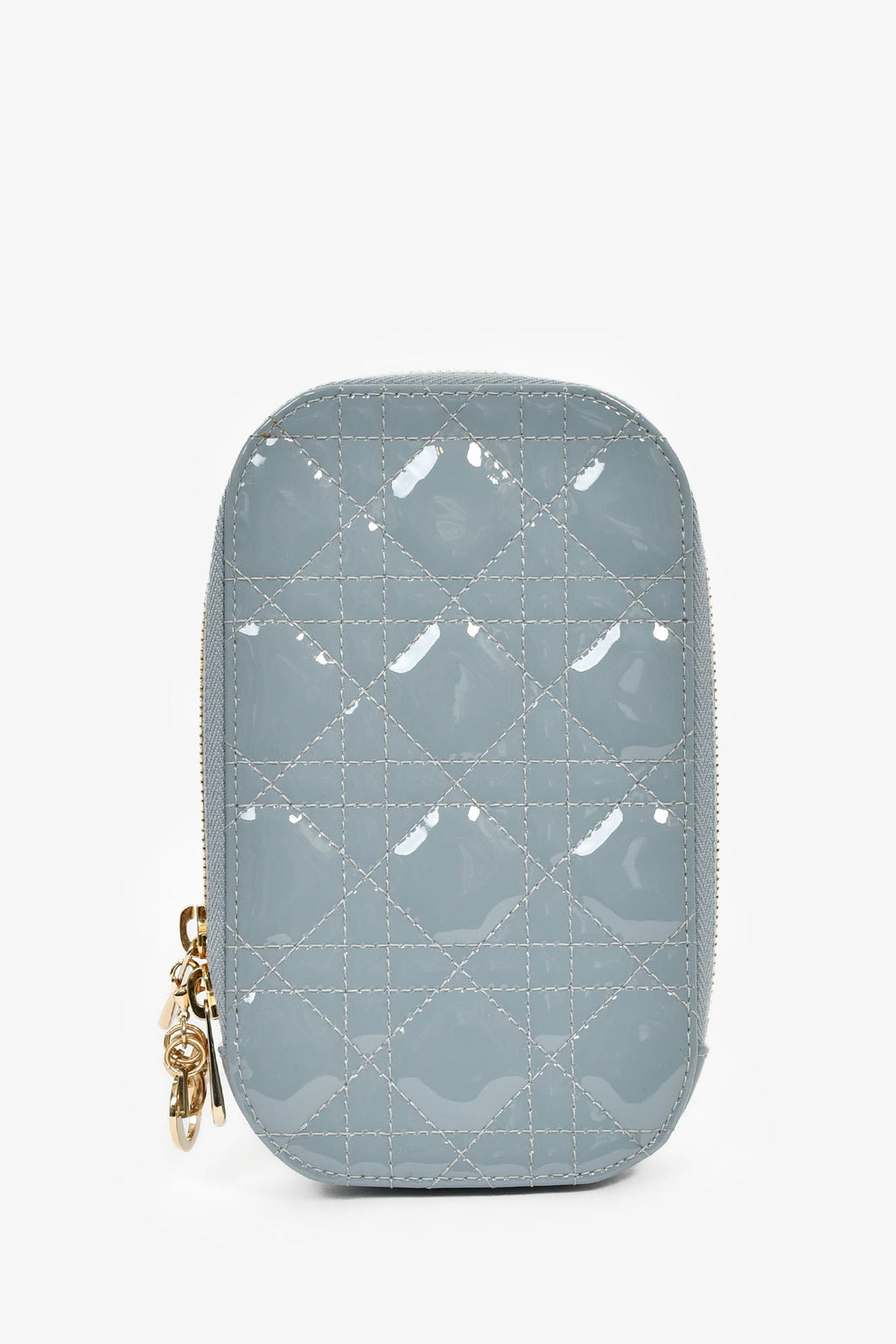 Christian Dior 2022 Blue Cannage Patent 'Call'in Dior' Phone Holder With Chain Strap