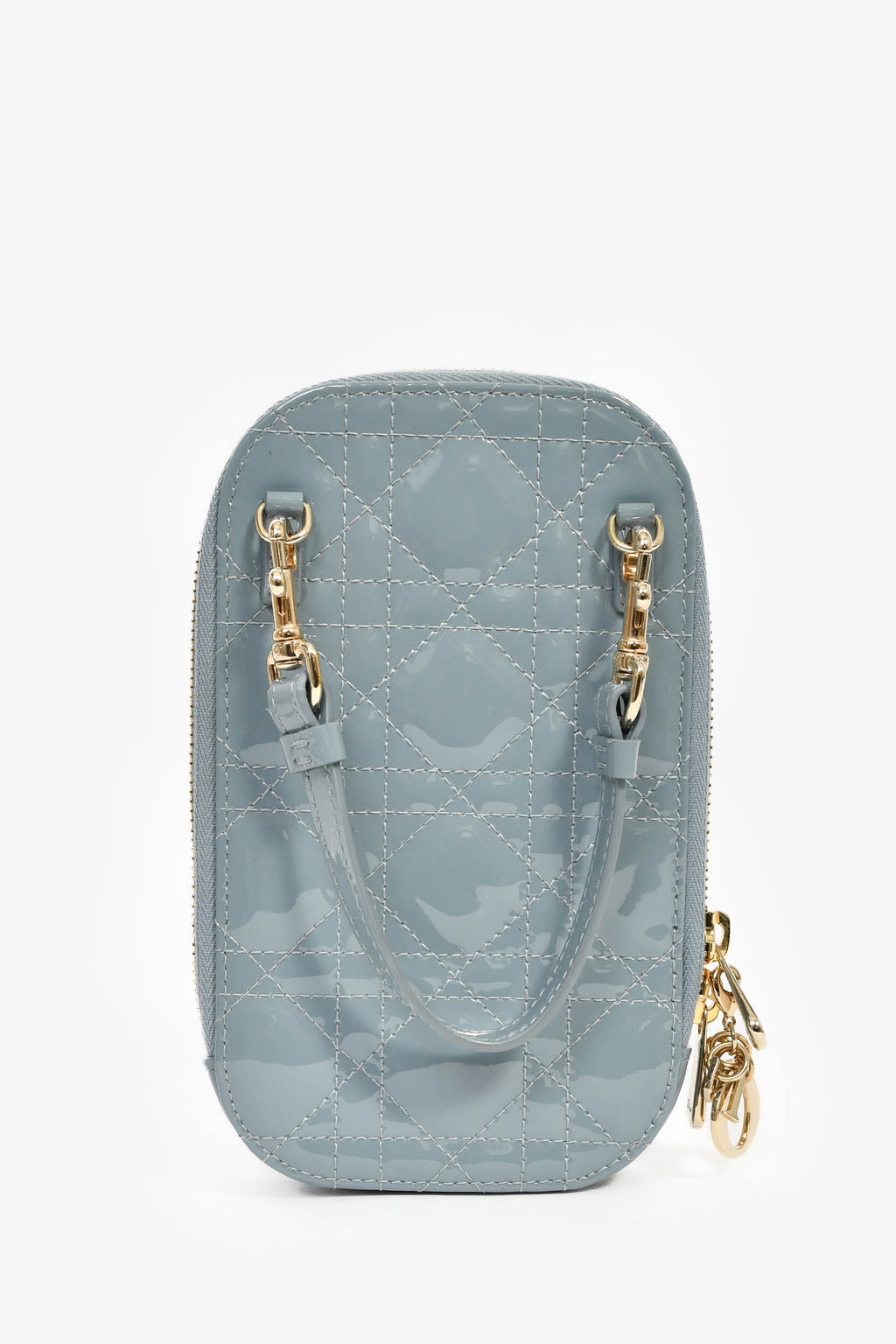 Christian Dior 2022 Blue Cannage Patent 'Call'in Dior' Phone Holder With Chain Strap