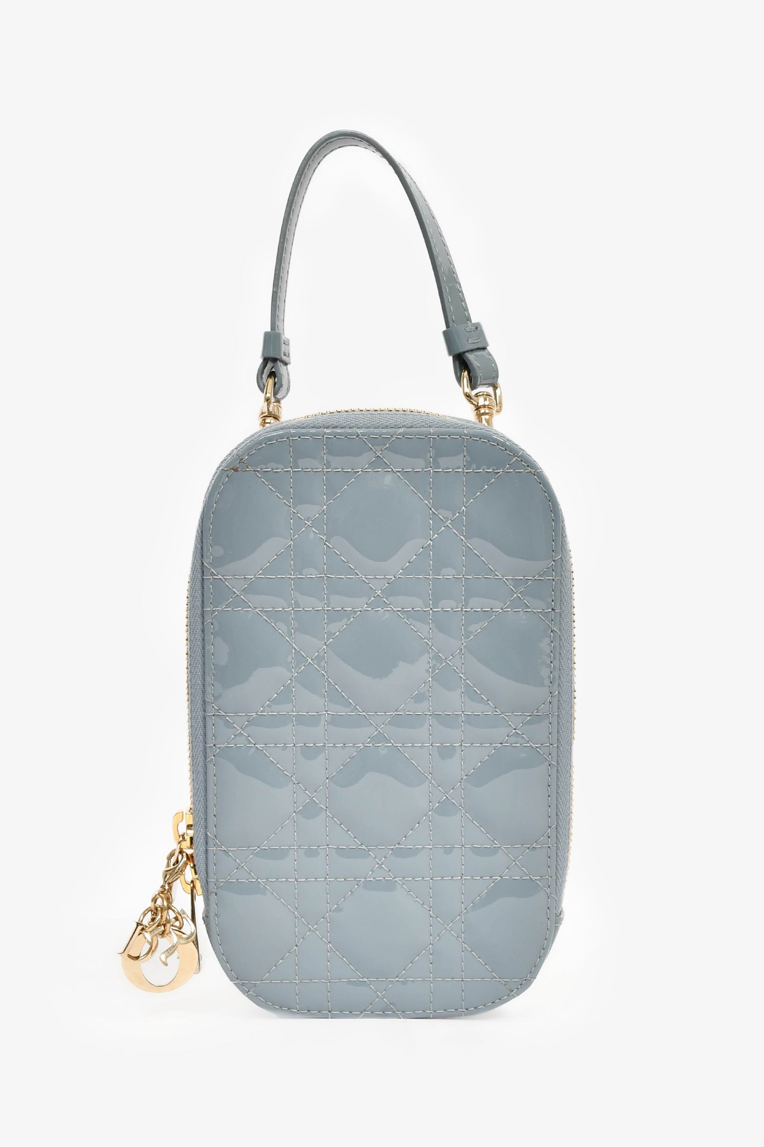 Christian Dior 2022 Blue Cannage Patent 'Call'in Dior' Phone Holder With Chain Strap