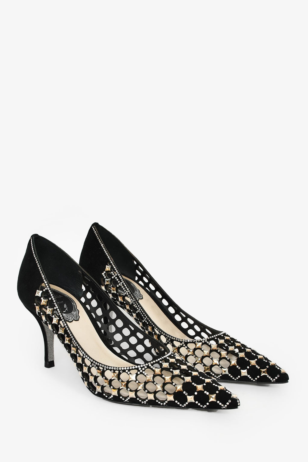 Rene Caovilla Black Suede Crystal Embellished Heels Size 35