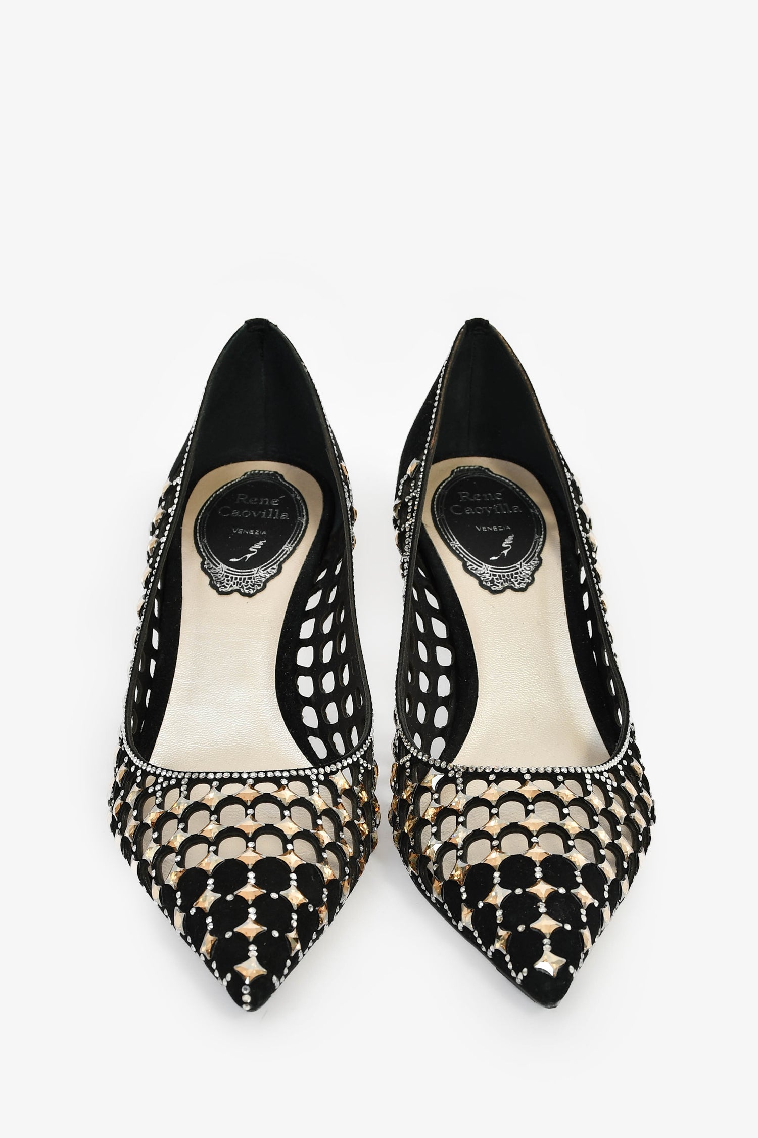 Rene Caovilla Black Suede Crystal Embellished Heels Size 35