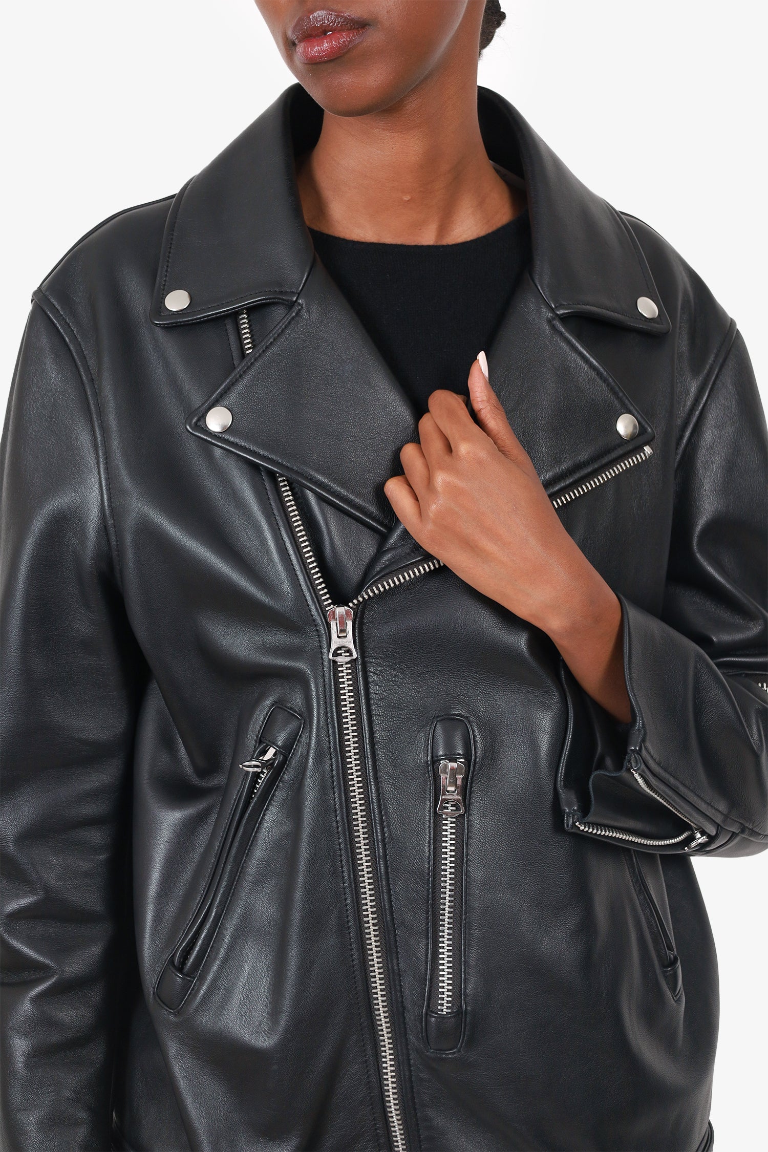 Acne Black Lambskin Biker Jacket Size 48