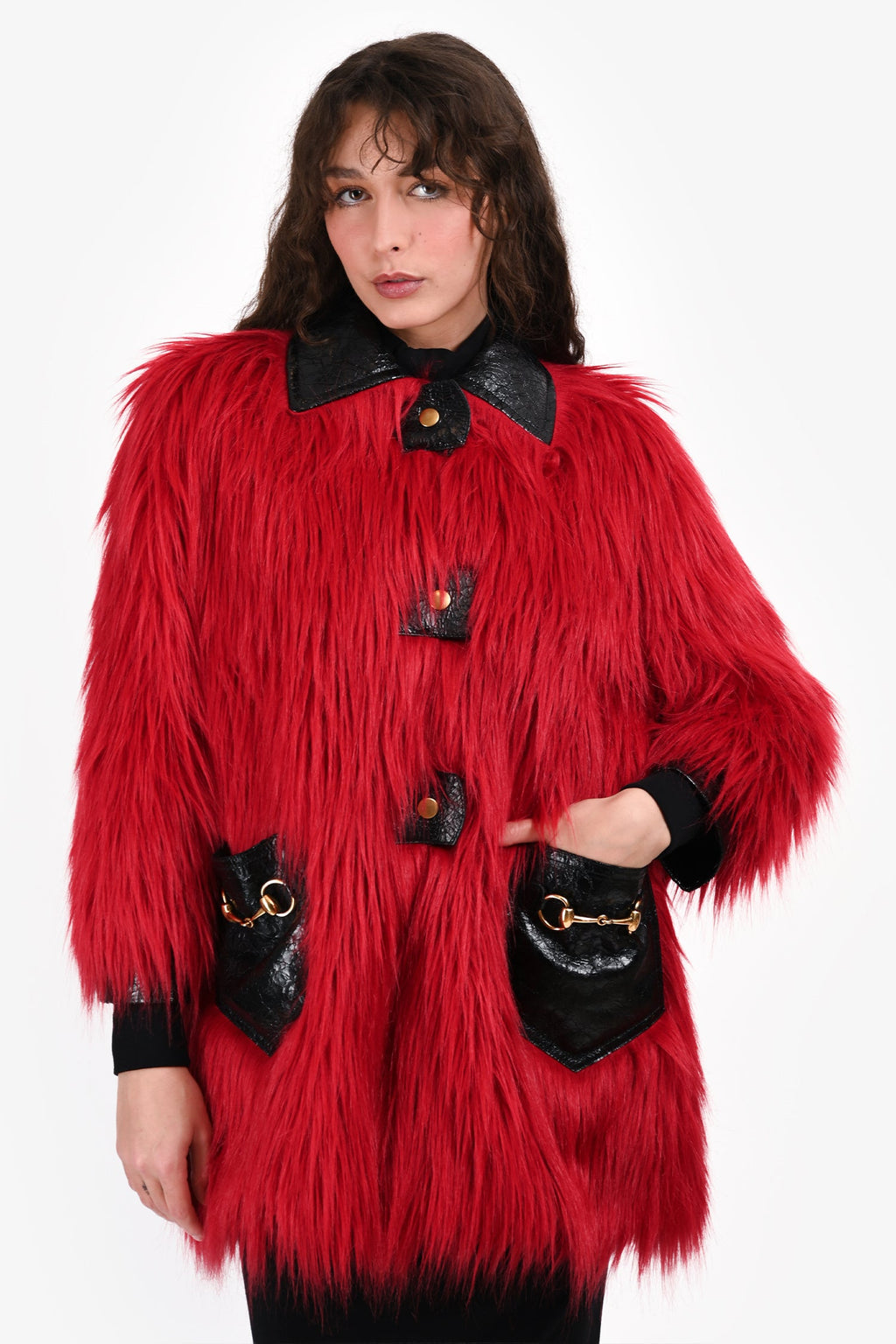 Gucci 2016 Black/Red Coated Leather/Faux Hair Horsebit Detail Jacket Size 40