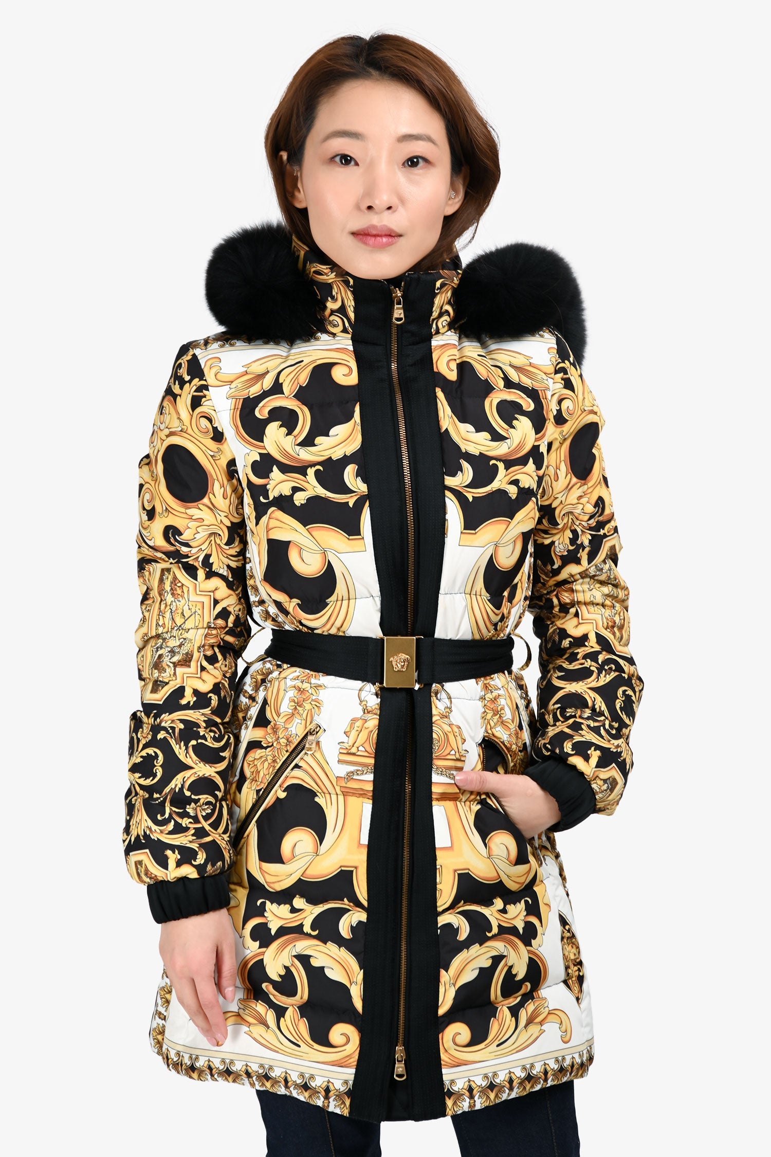 Versace Black/Yellow/White Fur Hooded Baroque Print Down Coat Size 38
