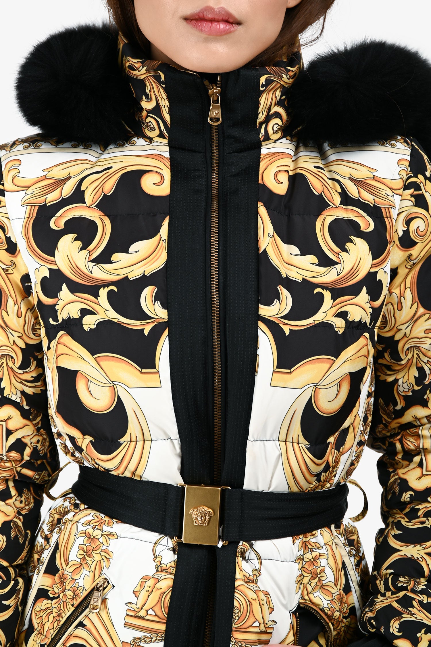 Versace Black/Yellow/White Fur Hooded Baroque Print Down Coat Size 38