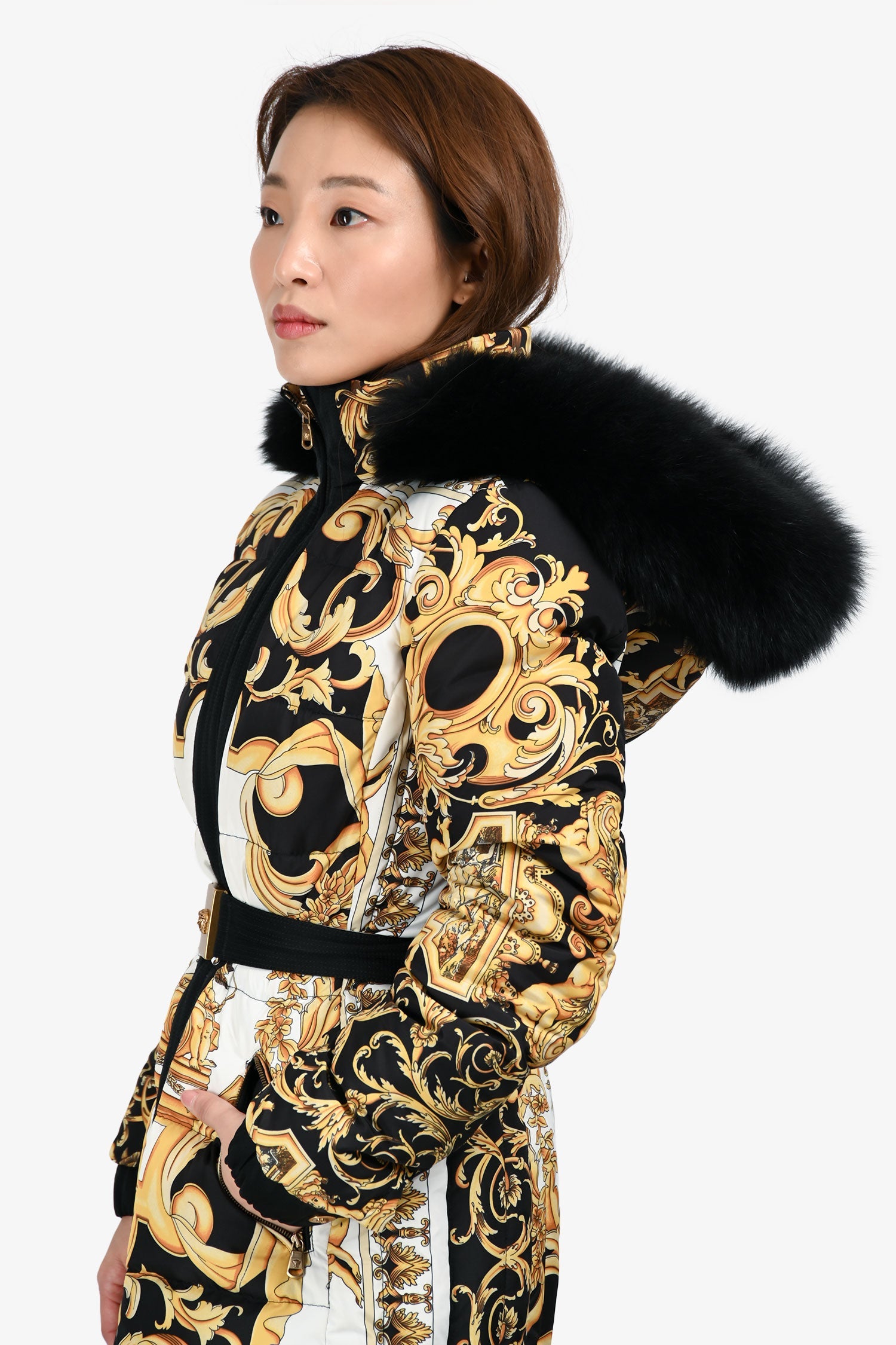 Versace Black/Yellow/White Fur Hooded Baroque Print Down Coat Size 38
