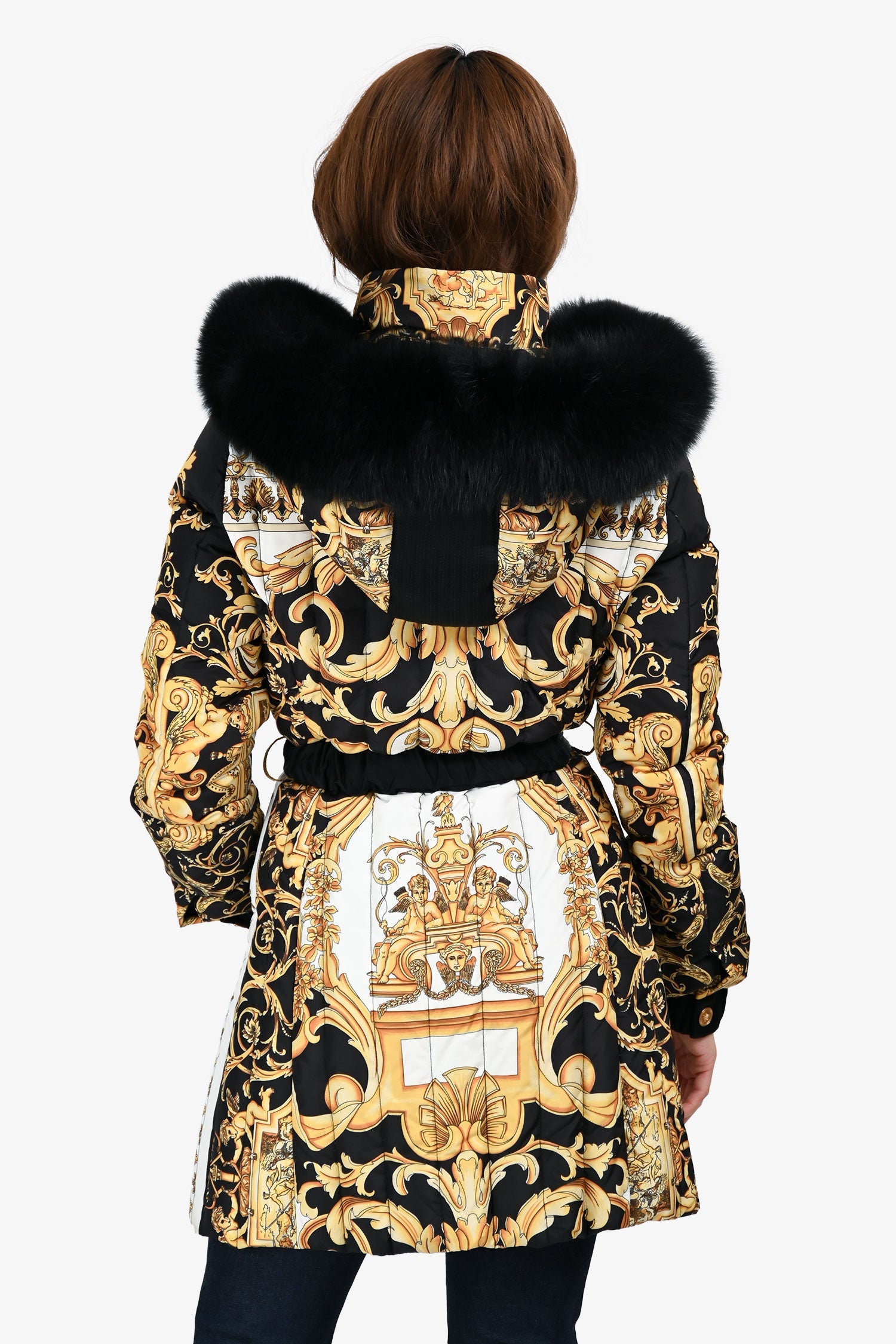 Versace Black/Yellow/White Fur Hooded Baroque Print Down Coat Size 38