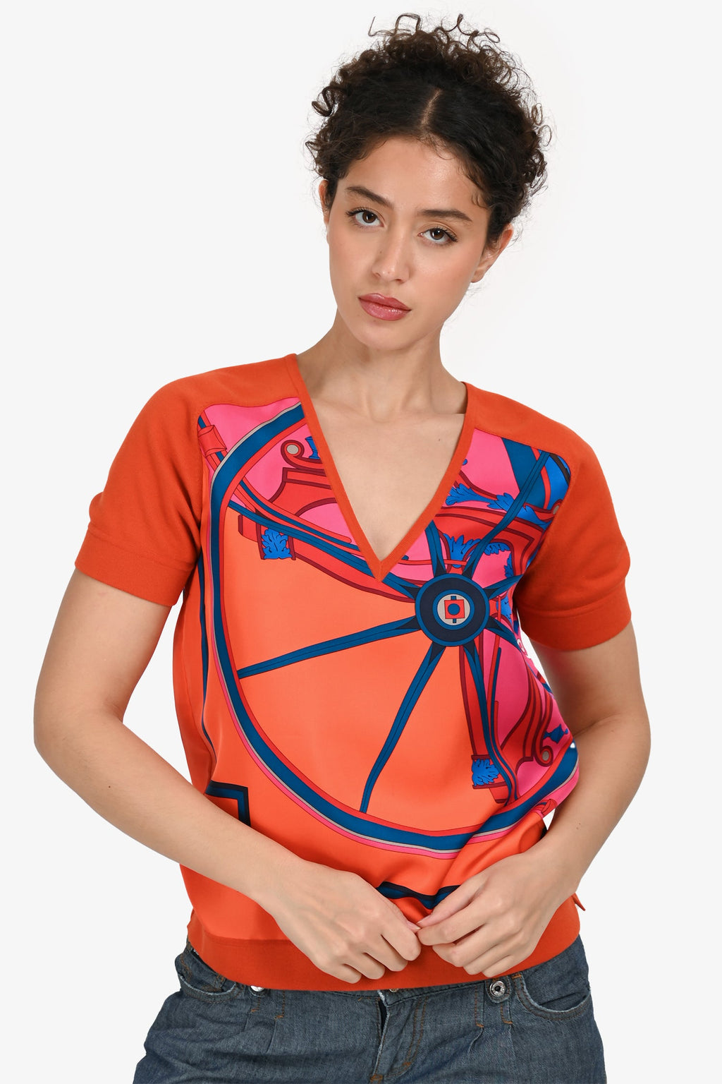 Hermès Orange Silk/Wool Graphic Printed V-Neck Top Size 36