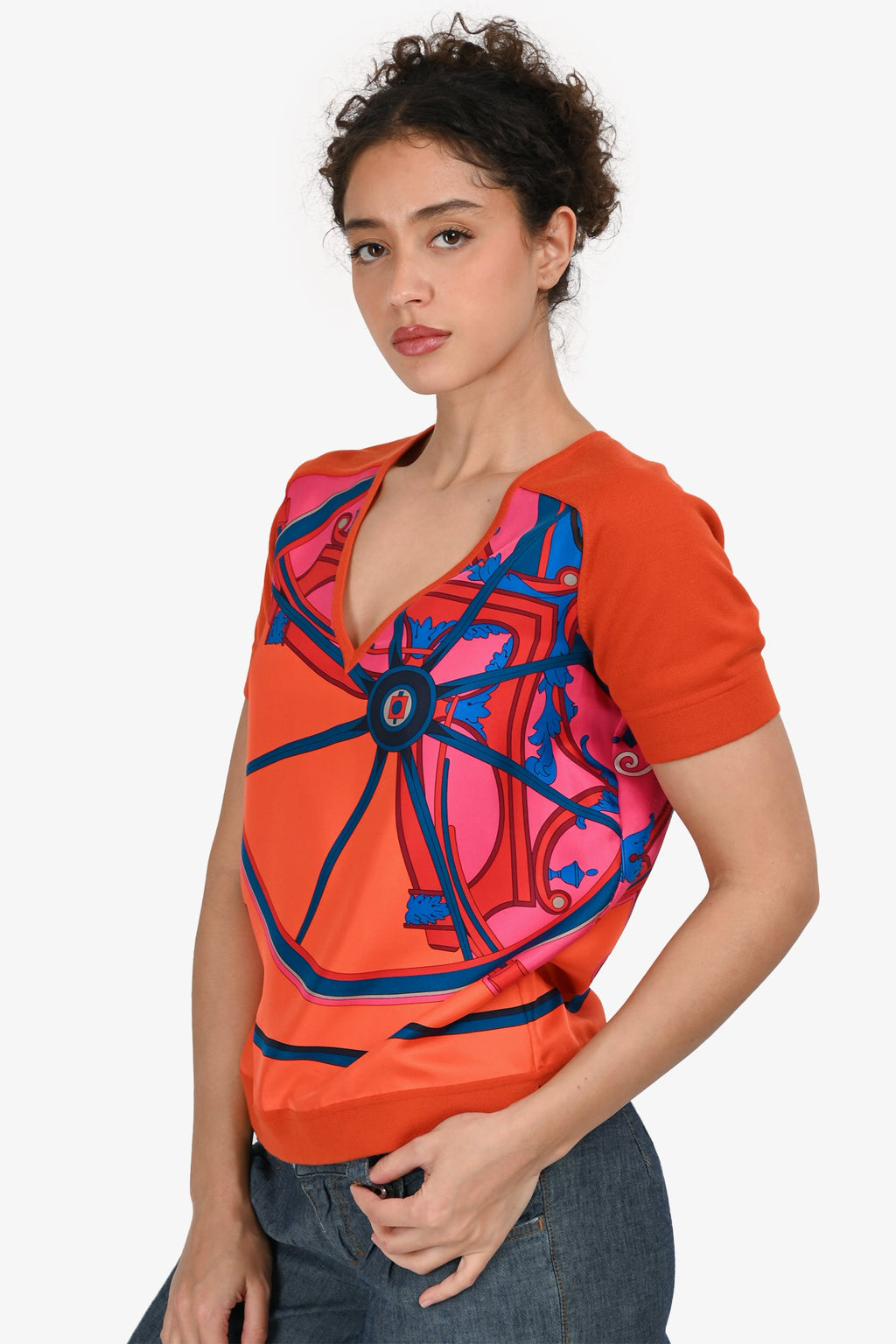 Hermès Orange Silk/Wool Graphic Printed V-Neck Top Size 36