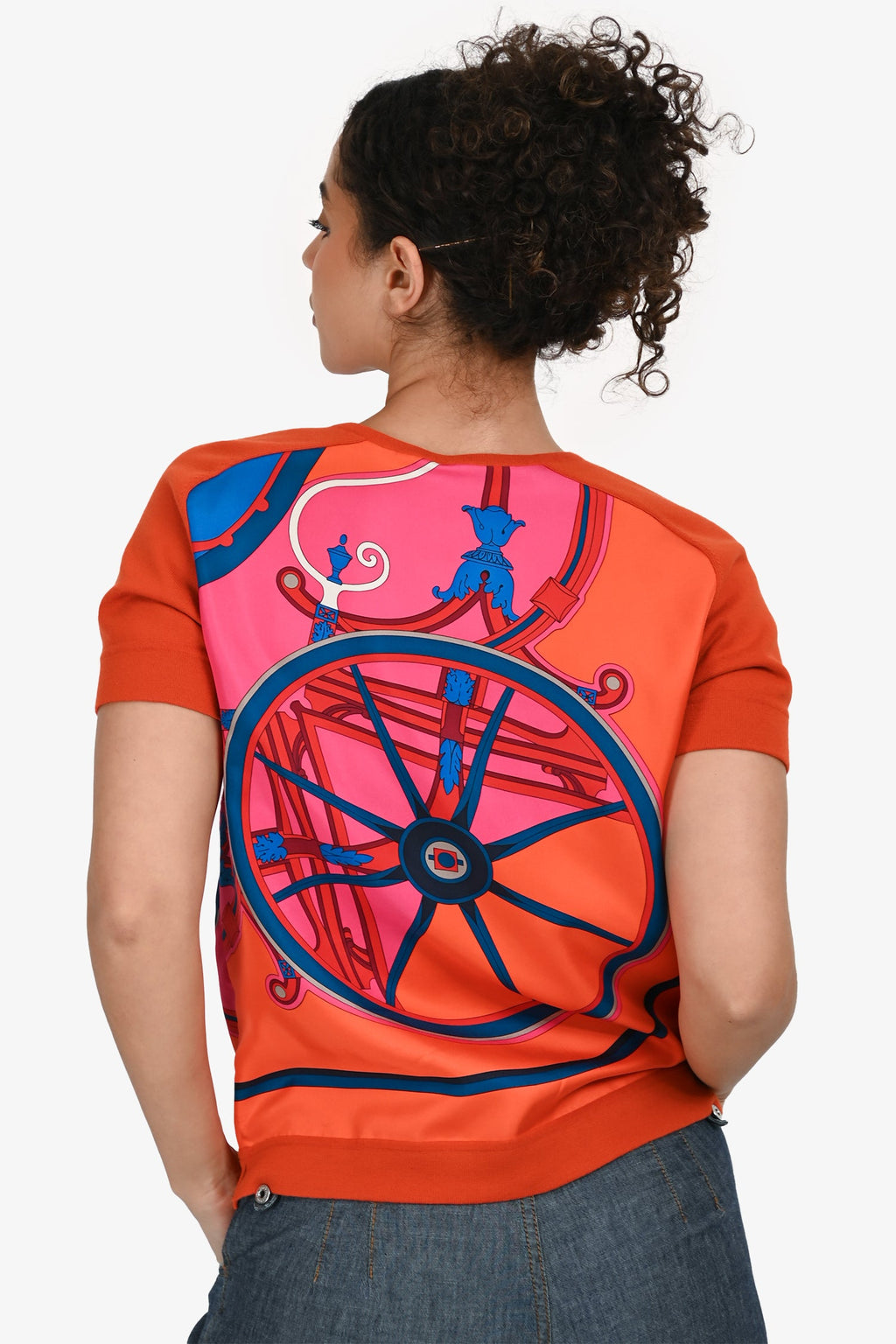 Hermès Orange Silk/Wool Graphic Printed V-Neck Top Size 36