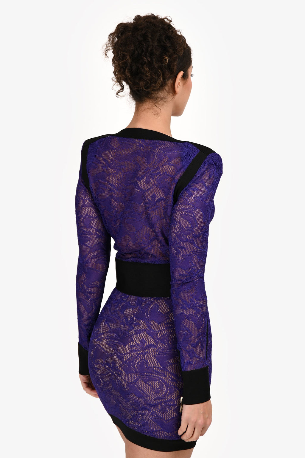 Balmain Black/Purple Lace Zip Up Shoulder Padded Long Sleeve Dress Size  38